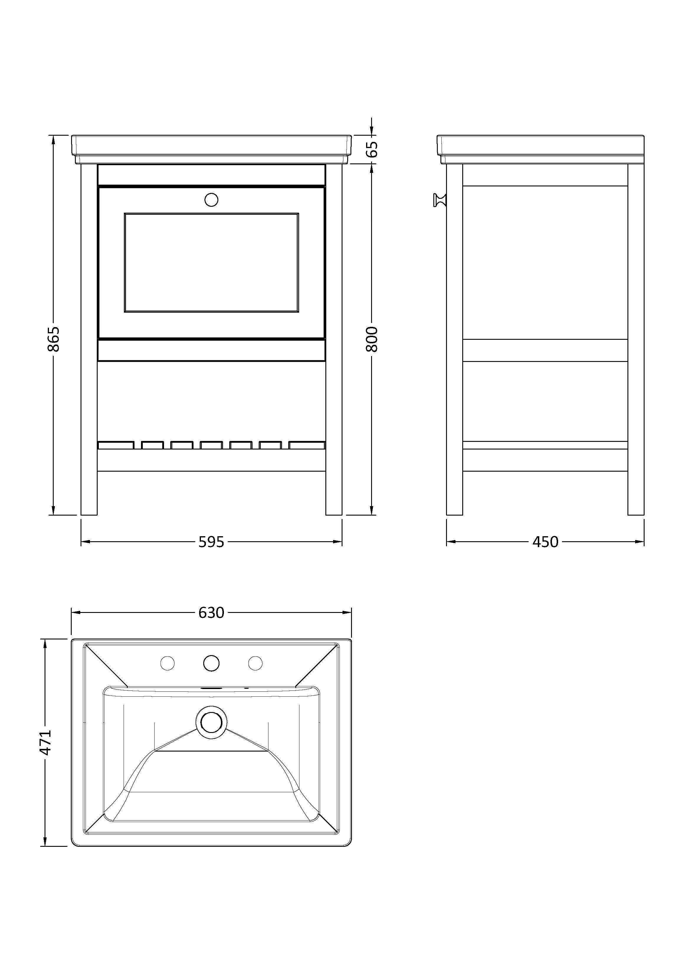 Old London Bexley Floor Standing 1 Drawer Vanity & 3 Tap Hole Fireclay Basin, Stylish Vanity Unit with Basin, Cool Grey, 600mm