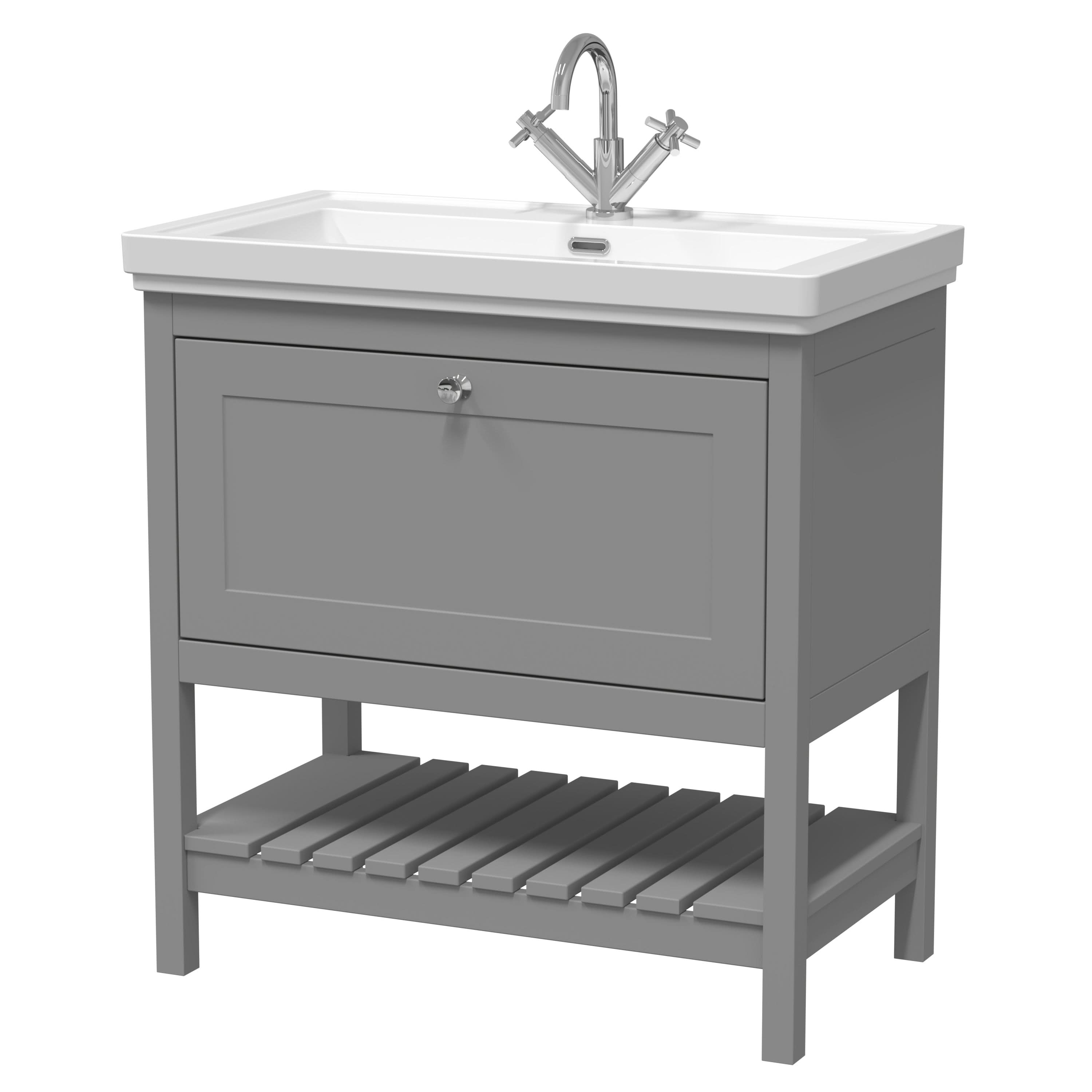 Old London Bexley Floor Standing 1 Drawer Vanity & 1 Tap Hole Fireclay Basin, Stylish Vanity Unit with Basin, Cool Grey, 800mm