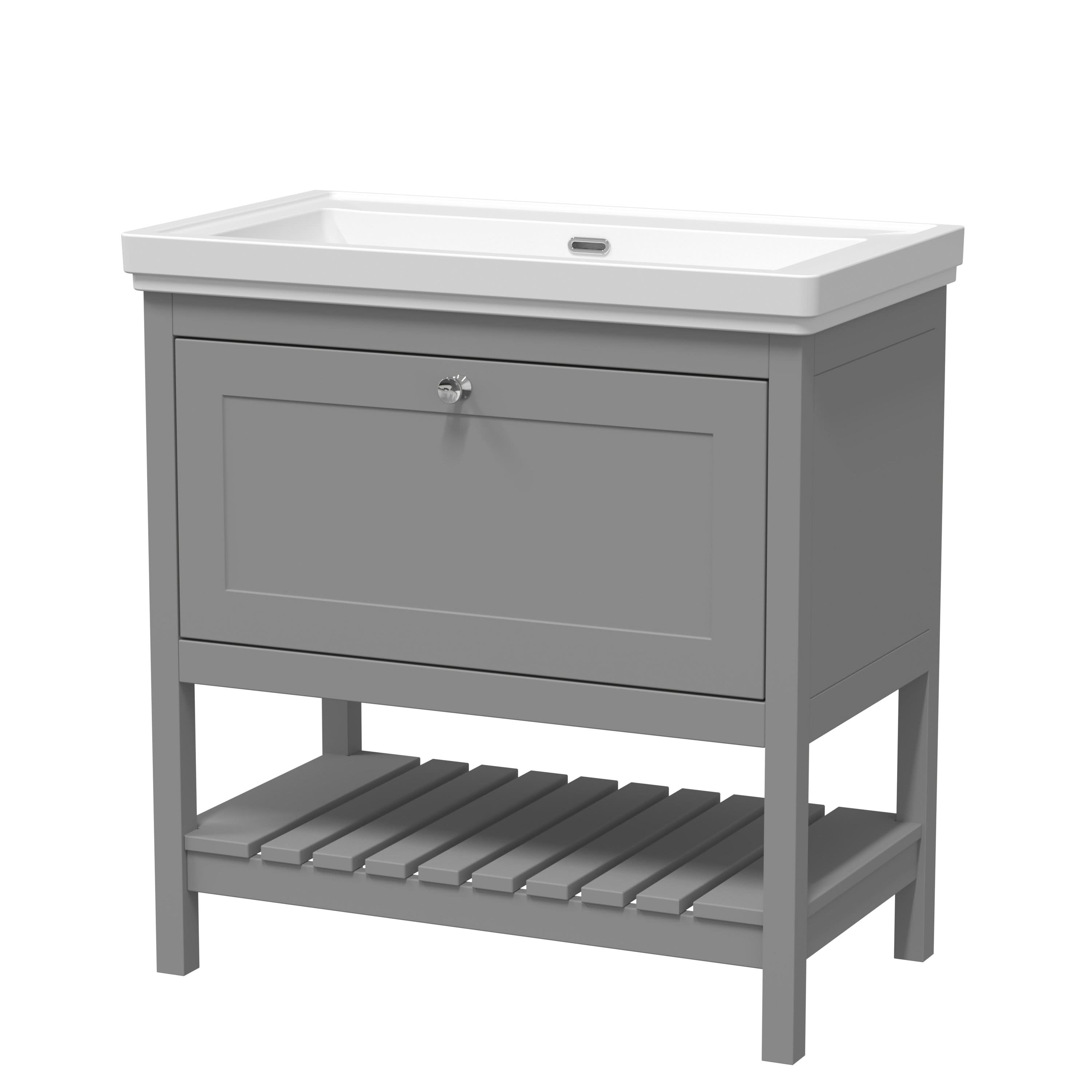 Old London Bexley Floor Standing 1 Drawer Vanity without Tap Hole Fireclay Basin, Stylish Vanity Unit with Basin, Cool Grey, 800mm