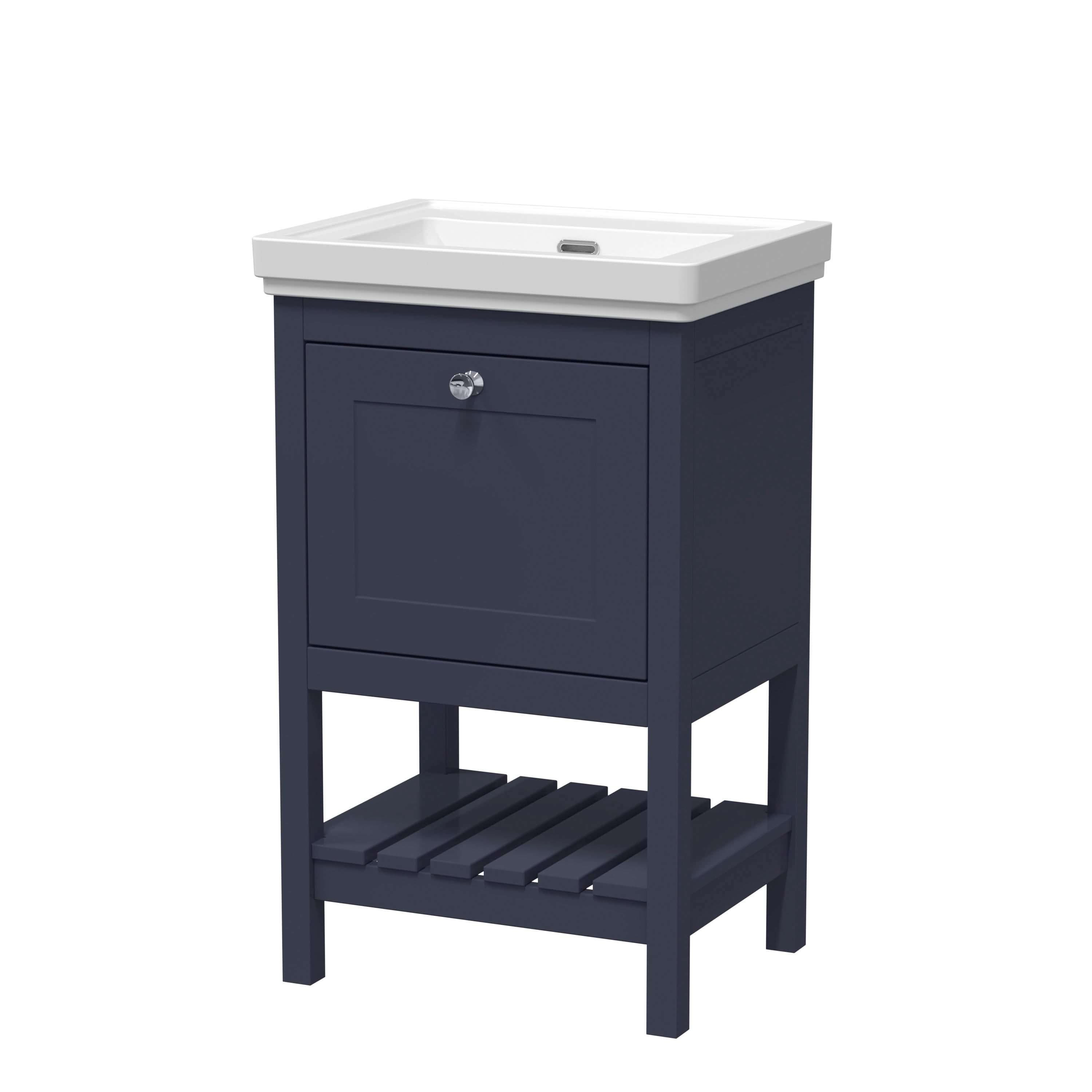 Old London Bexley Floor Standing 1 Drawer Vanity without Tap Hole Fireclay Basin, Stylish Vanity Unit with Basin, Indigo Blue, 500mm