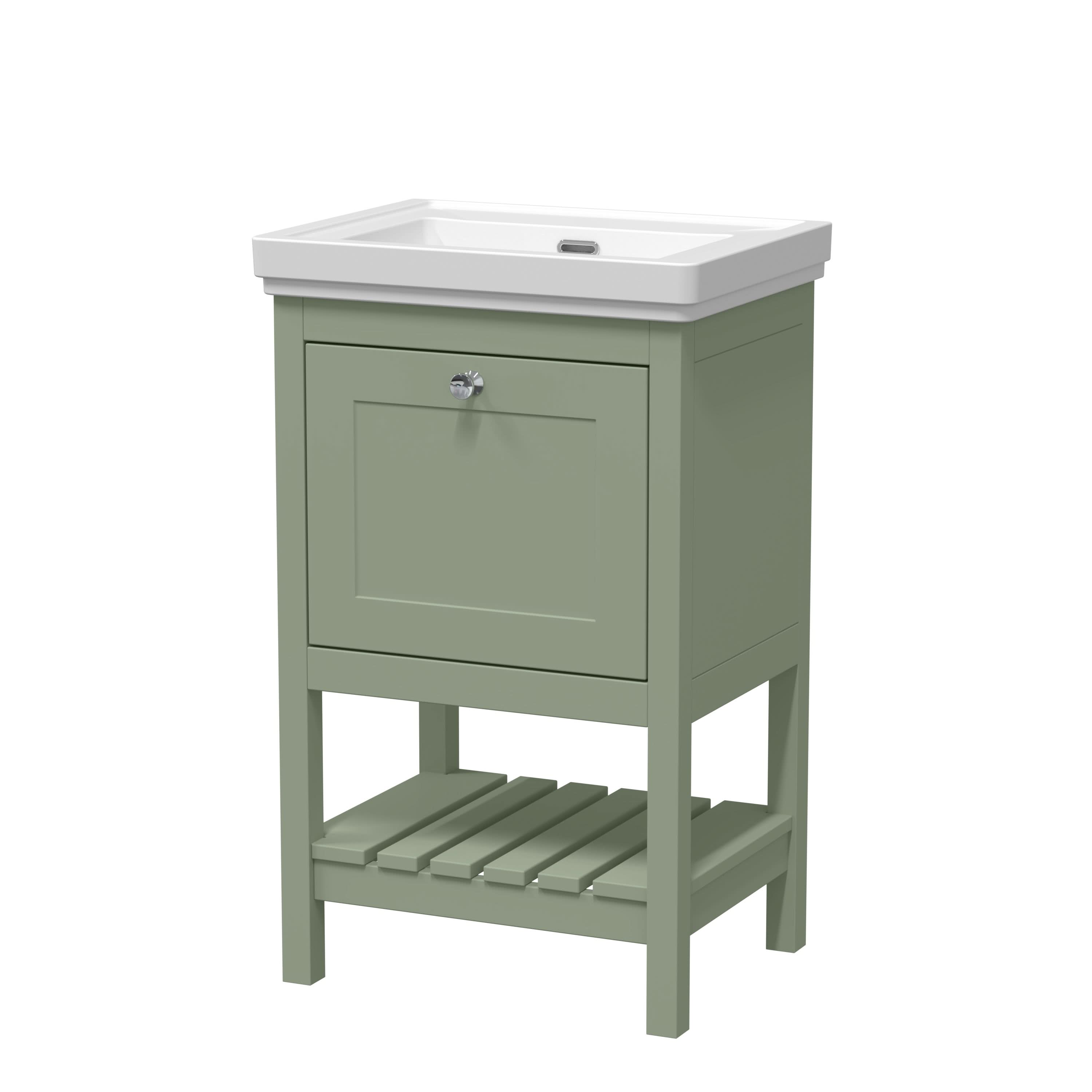 Old London Bexley Floor Standing 1 Drawer Vanity without Tap Hole Fireclay Basin, Stylish Vanity Unit with Basin, Fern Green, 500mm