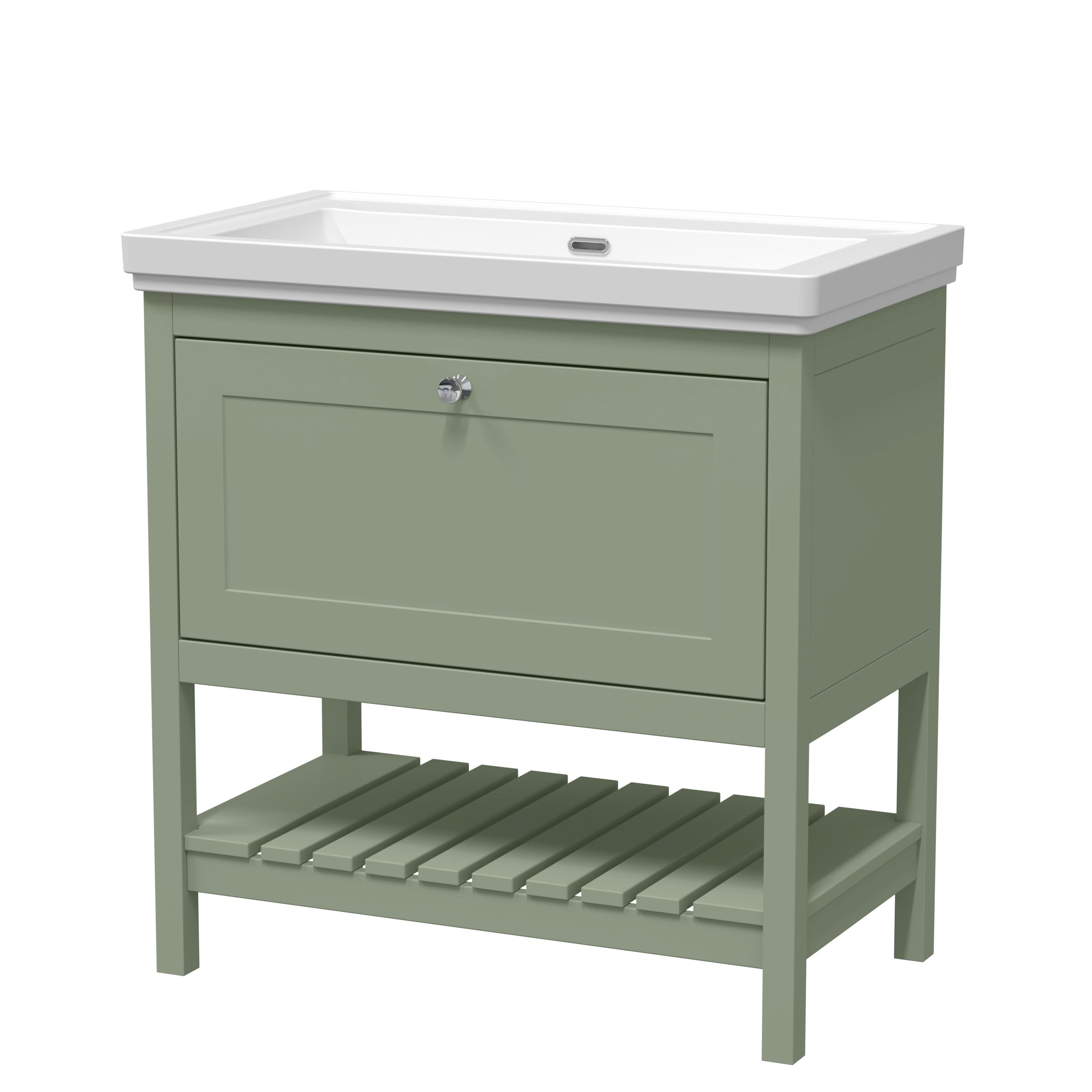 Old London Bexley Floor Standing 1 Drawer Vanity without Tap Hole Fireclay Basin, Stylish Vanity Unit with Basin, Fern Green, 800mm