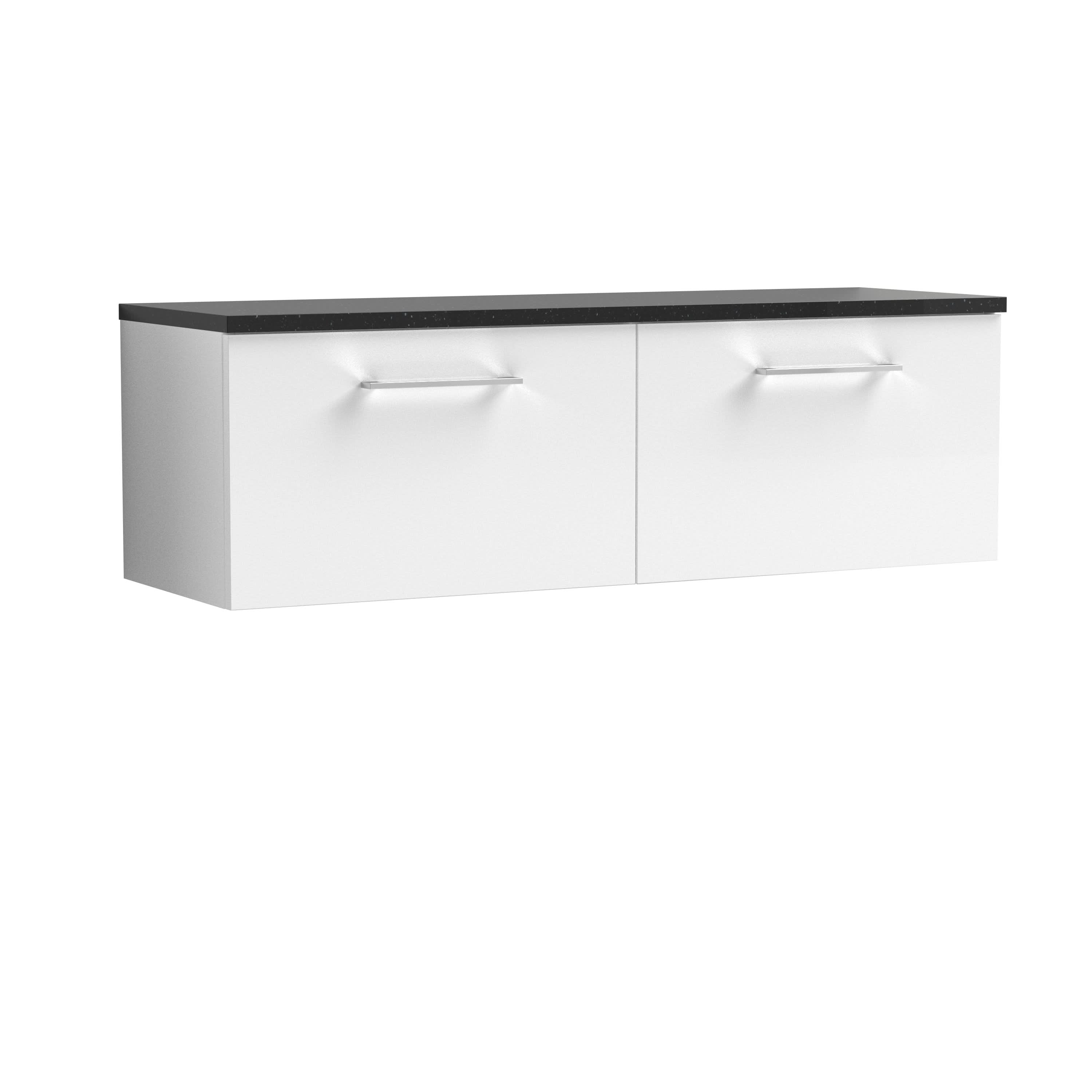 Nuie Arno Wall Hung 2-Drawer Vanity & Laminate Top in Black Sparkle, Stylish Countertop Basin Unit in Gloss White with Soft-Close Storage, 1200mm