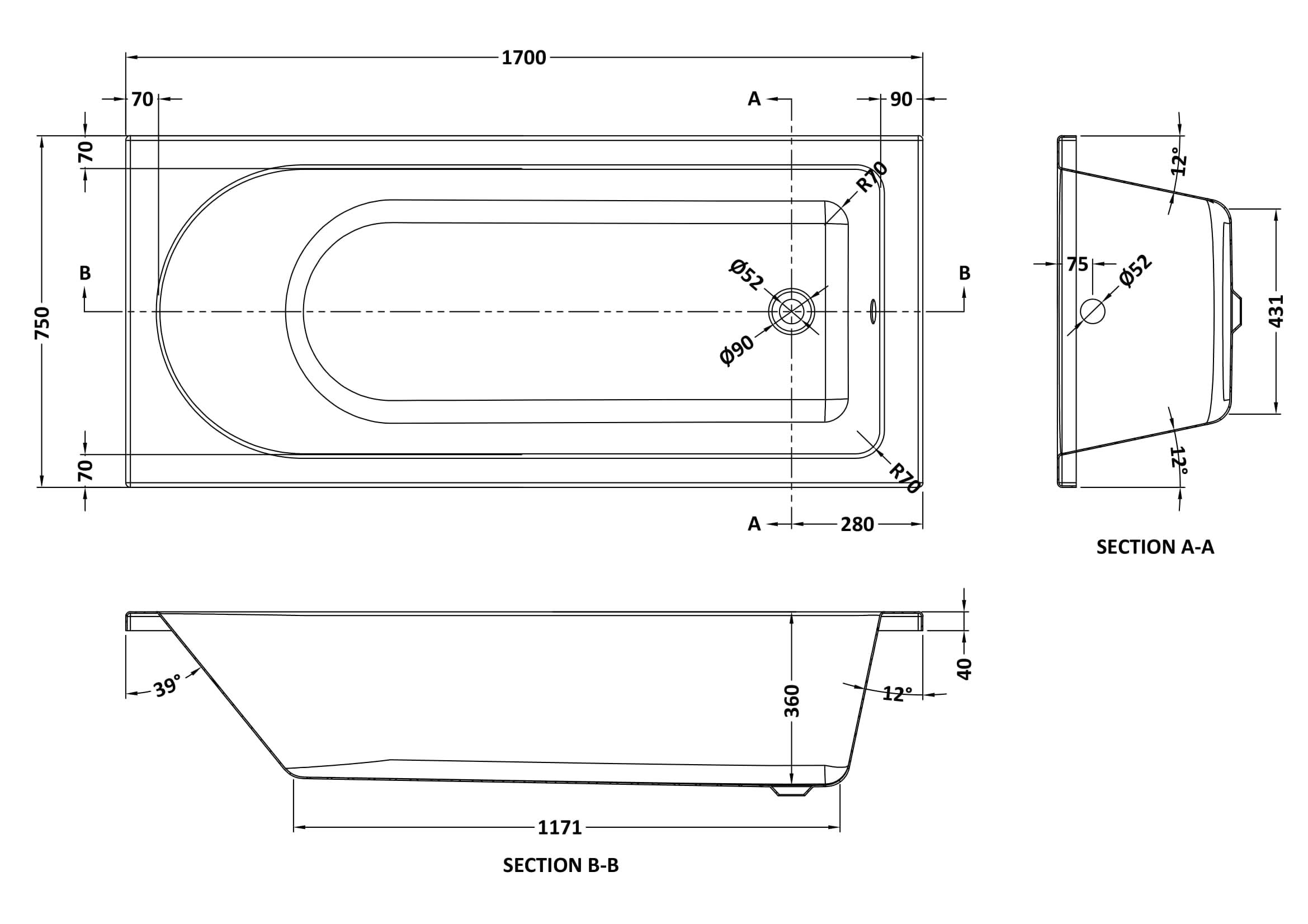 Nuie Barmby Eternalite Round Single Ended Straight Shower Bath, Traditional Freestanding Bath, White, 1700mm x 750mm