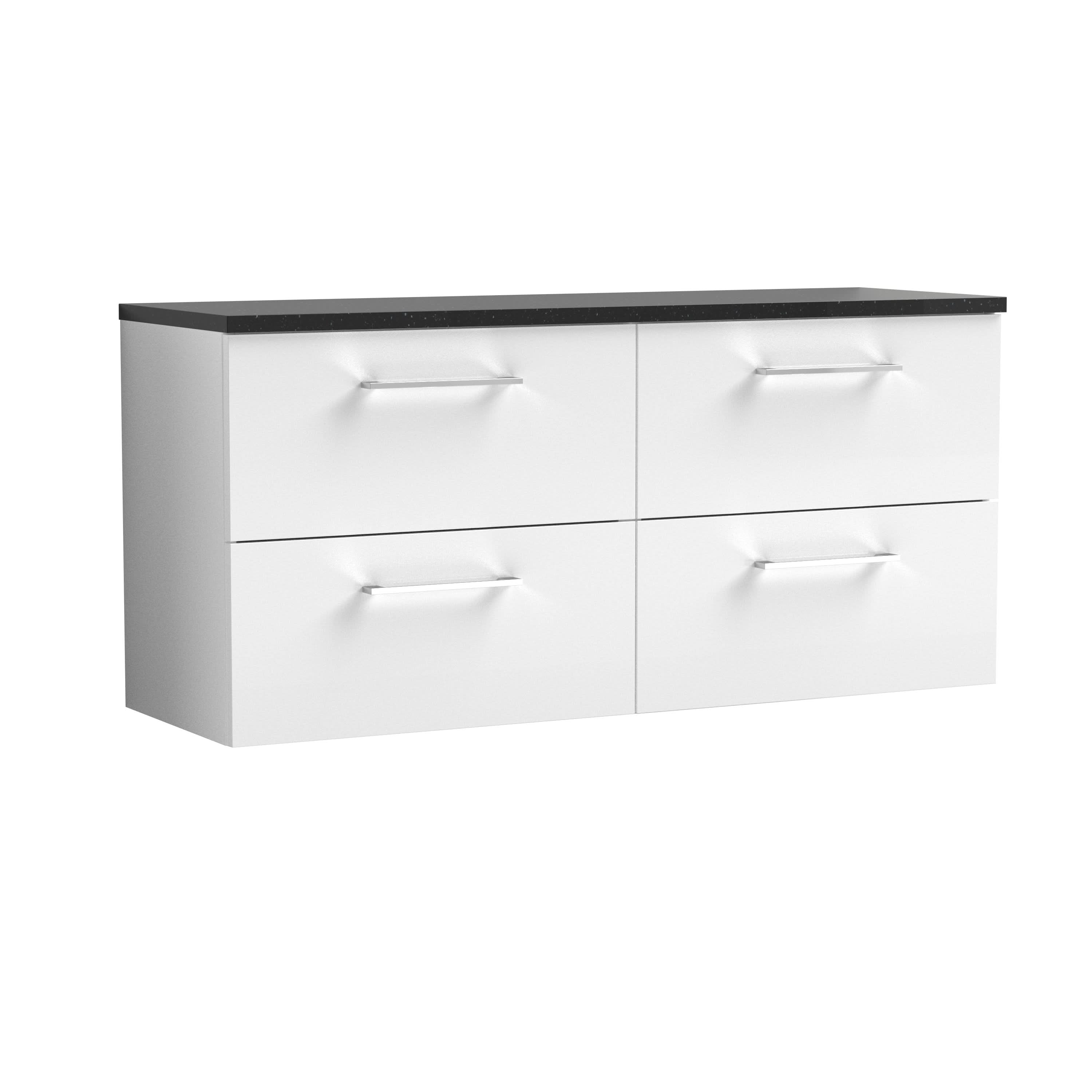 Nuie Arno Wall Hung Vanity Unit with 4 Soft-Close Drawers & Black Sparkle Laminate Top, Modern Counter Top Vanity Unit in Gloss White, 1200mm