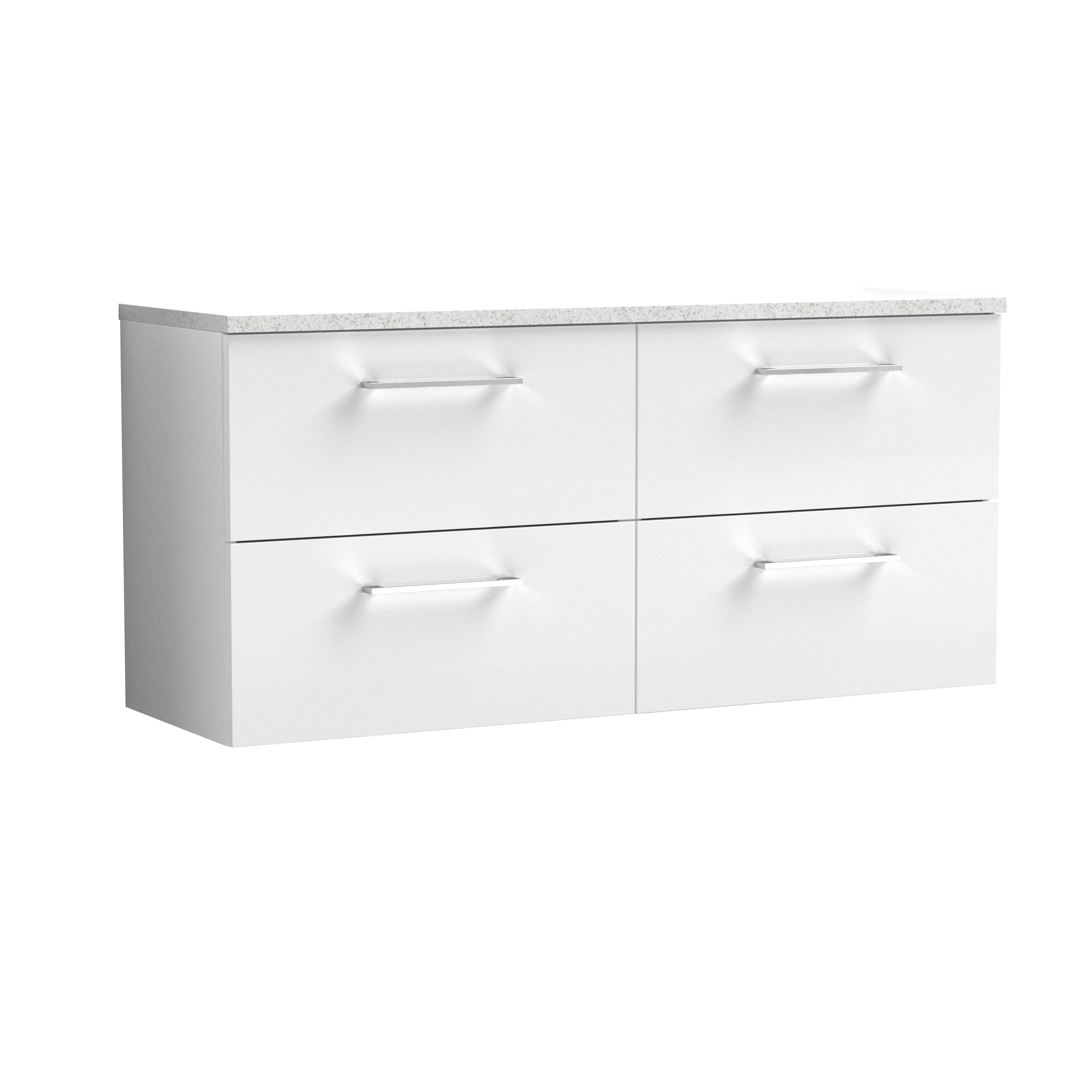 Nuie Arno Wall Hung Vanity Unit with 4 Soft-Close Drawers & Sparkling White Laminate Top, Modern Counter Top Vanity Unit in Gloss White, 1200mm