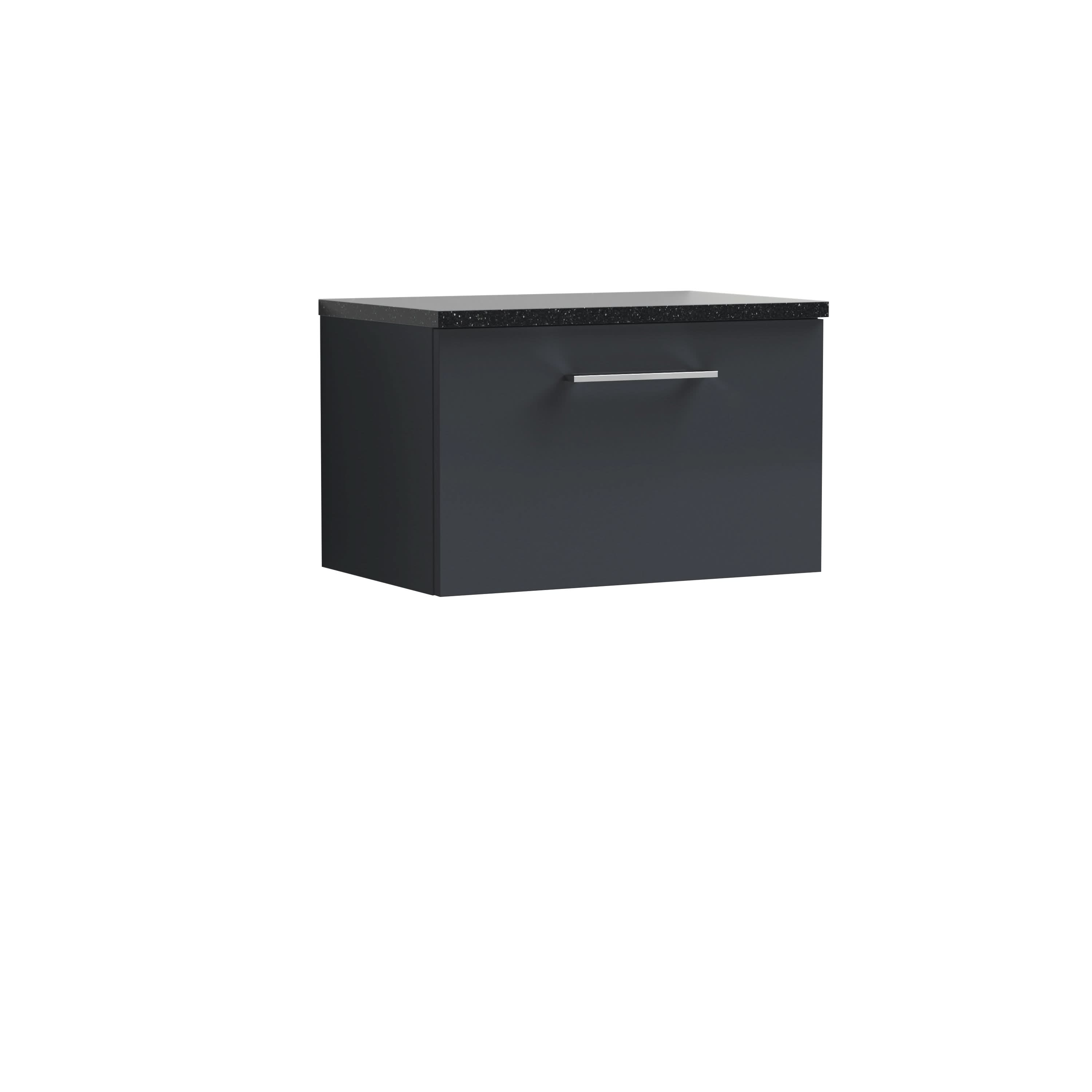 Nuie Arno Wall Hung Vanity Unit with 1 Soft-Close Drawer & Sparkling Black Laminate Top, Modern Counter Top Vanity Unit in Soft Black, 600mm