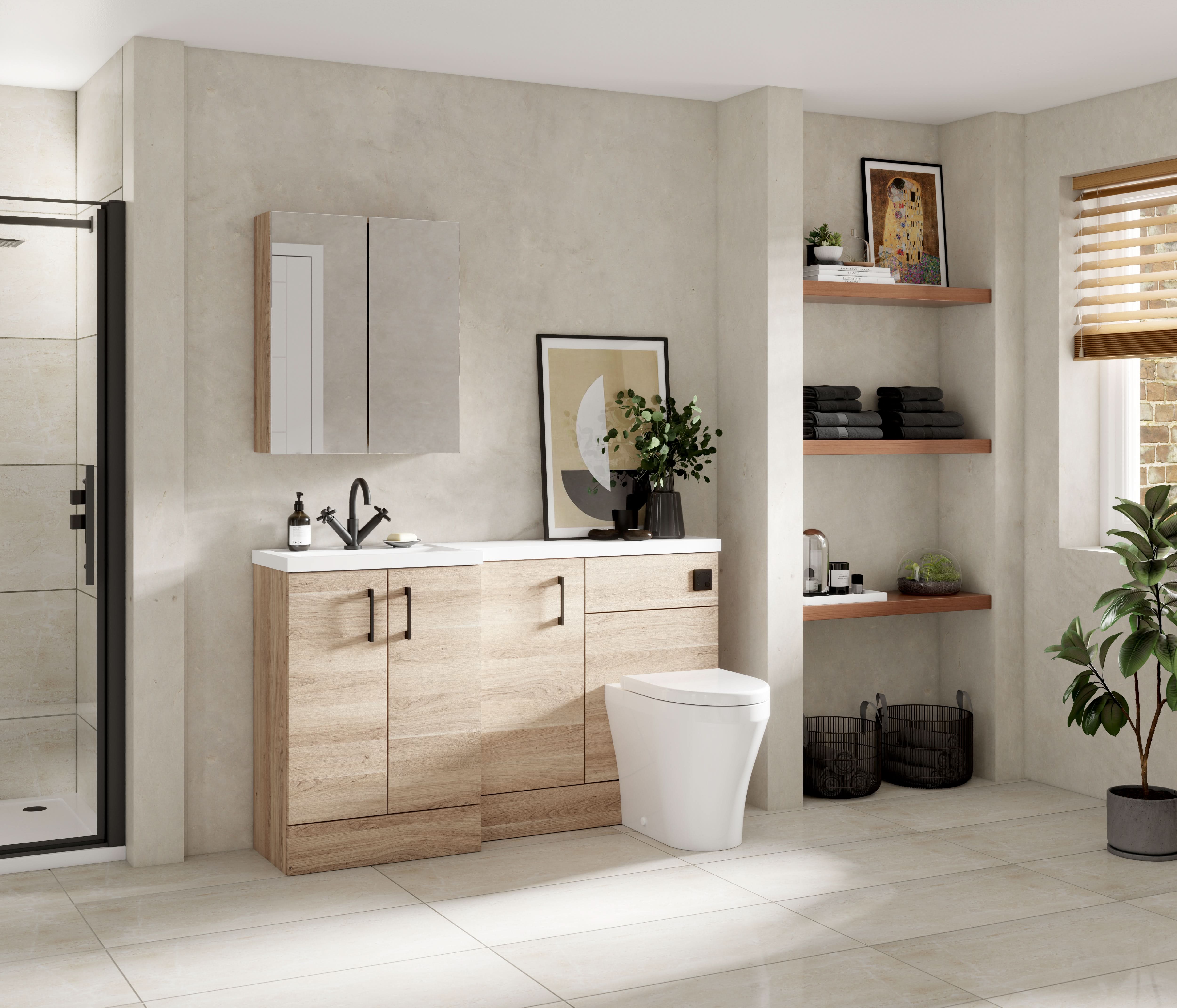 Hudson Reed Fusion Floor Standing Left Hand Combination, Stylish Bathroom Storage Unit, Bleached Oak, 1500mm