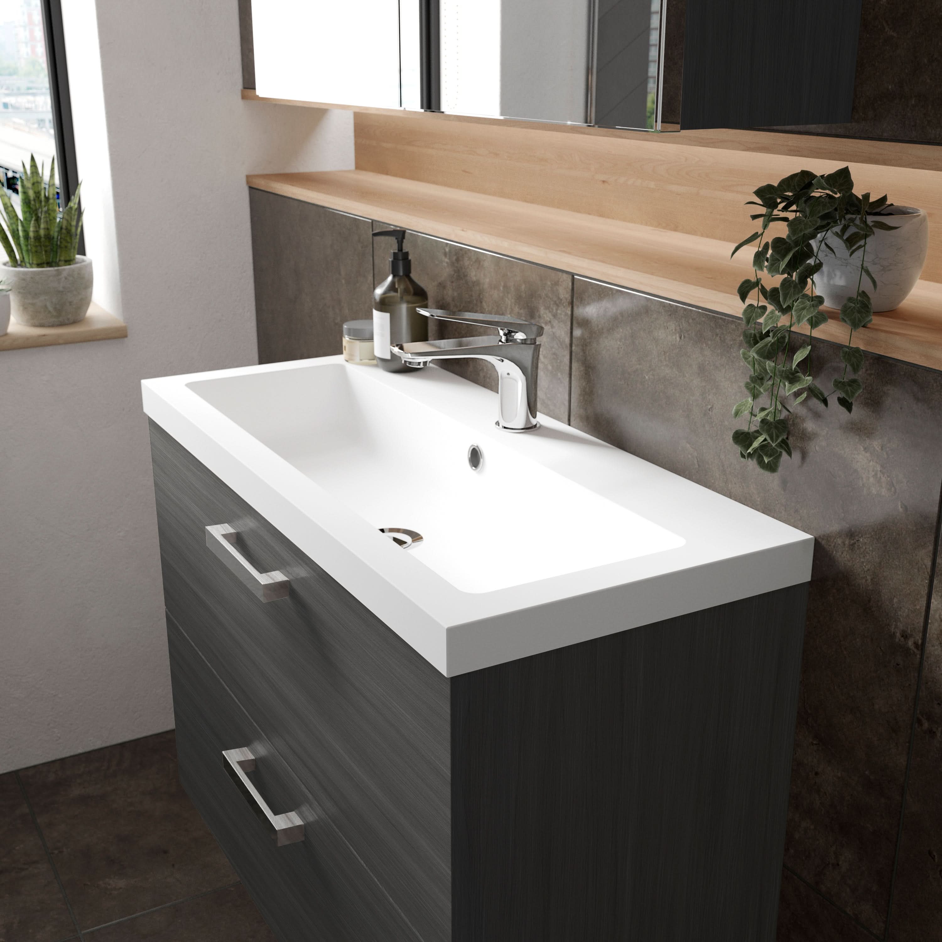 Hudson Reed Fusion Wall Hung 2 Drawer Vanity Unit & Polymarble Basin, Sink Vanity Unit, Anthracite Woodgrain, 800mm