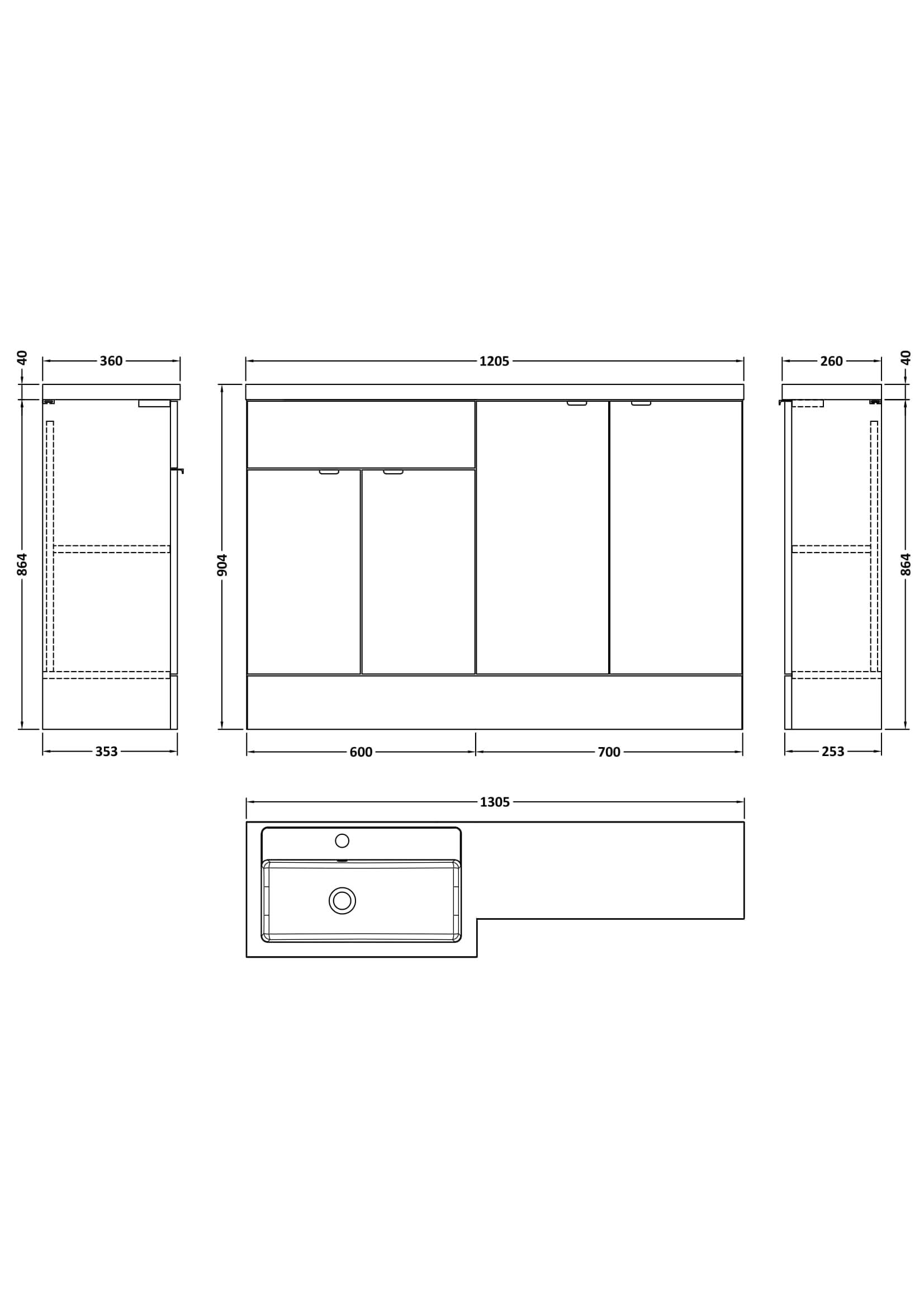 Hudson Reed Fusion Floor Standing 4 Door Vanity Basin Left Hand Combination, Stylish Bathroom Storage Unit, Gloss Grey, 1200mm