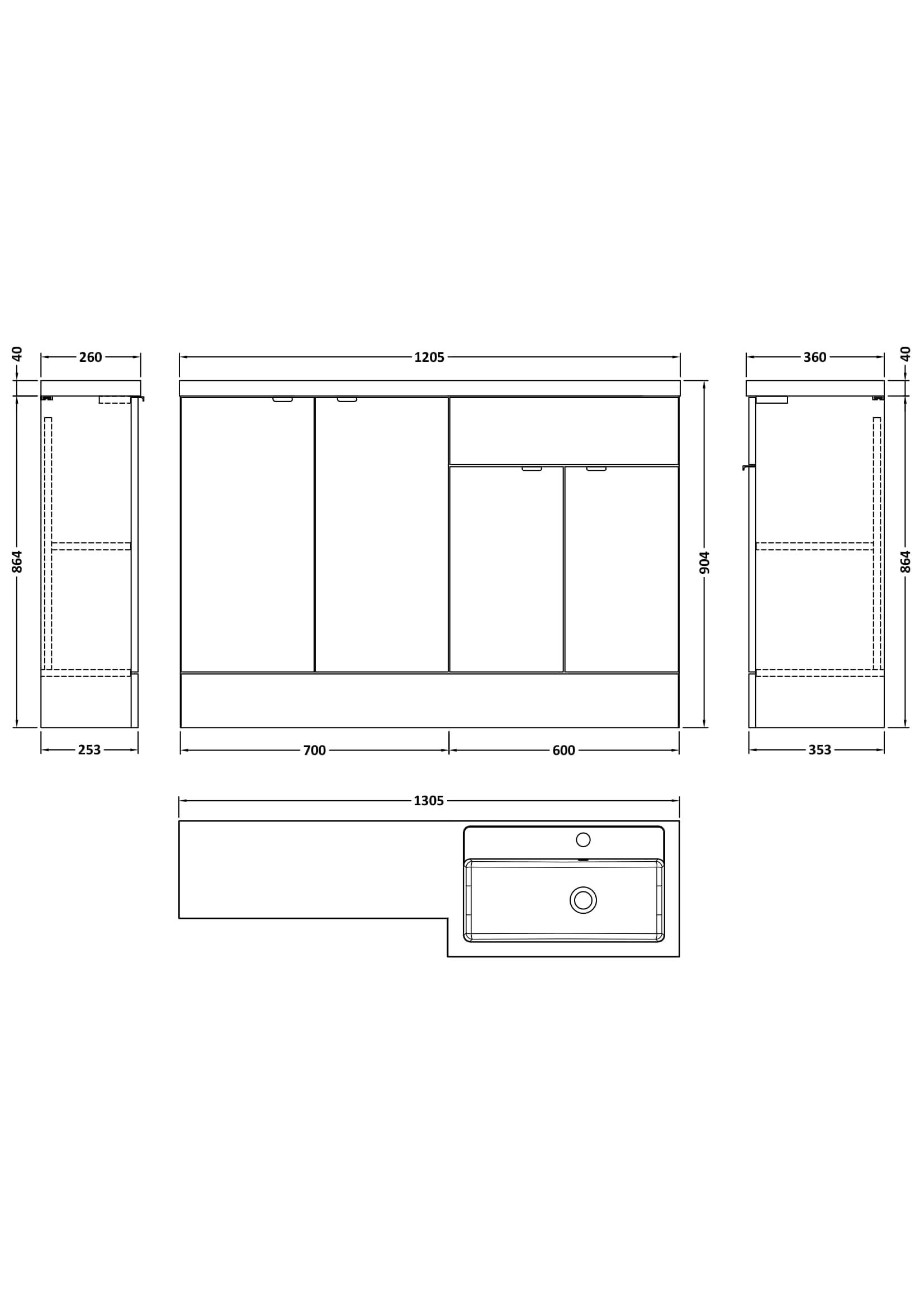 Hudson Reed Fusion Floor Standing 4 Door Vanity Basin Right Hand Combination, Stylish Bathroom Storage Unit, Gloss Grey, 1200mm
