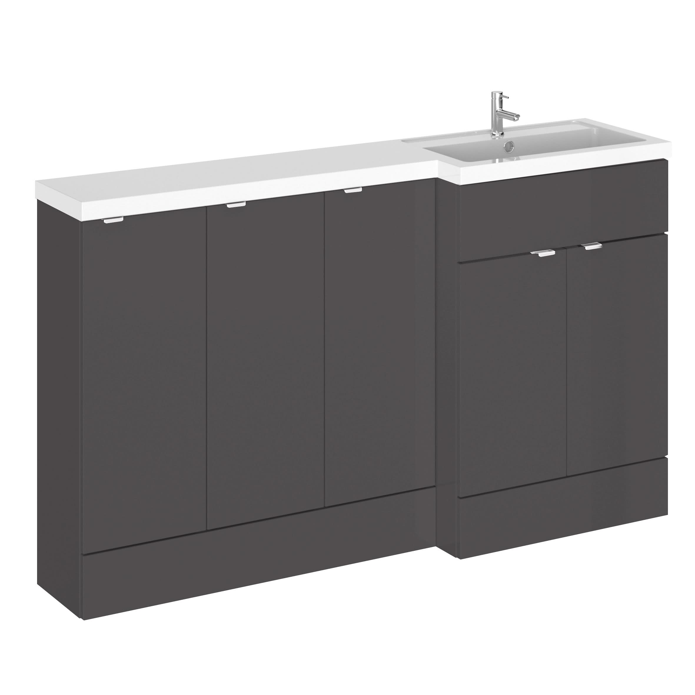 Hudson Reed Fusion Floor Standing 5 Door Vanity Basin Right Hand Combination, Stylish Bathroom Storage Unit, Gloss Grey, 1500mm