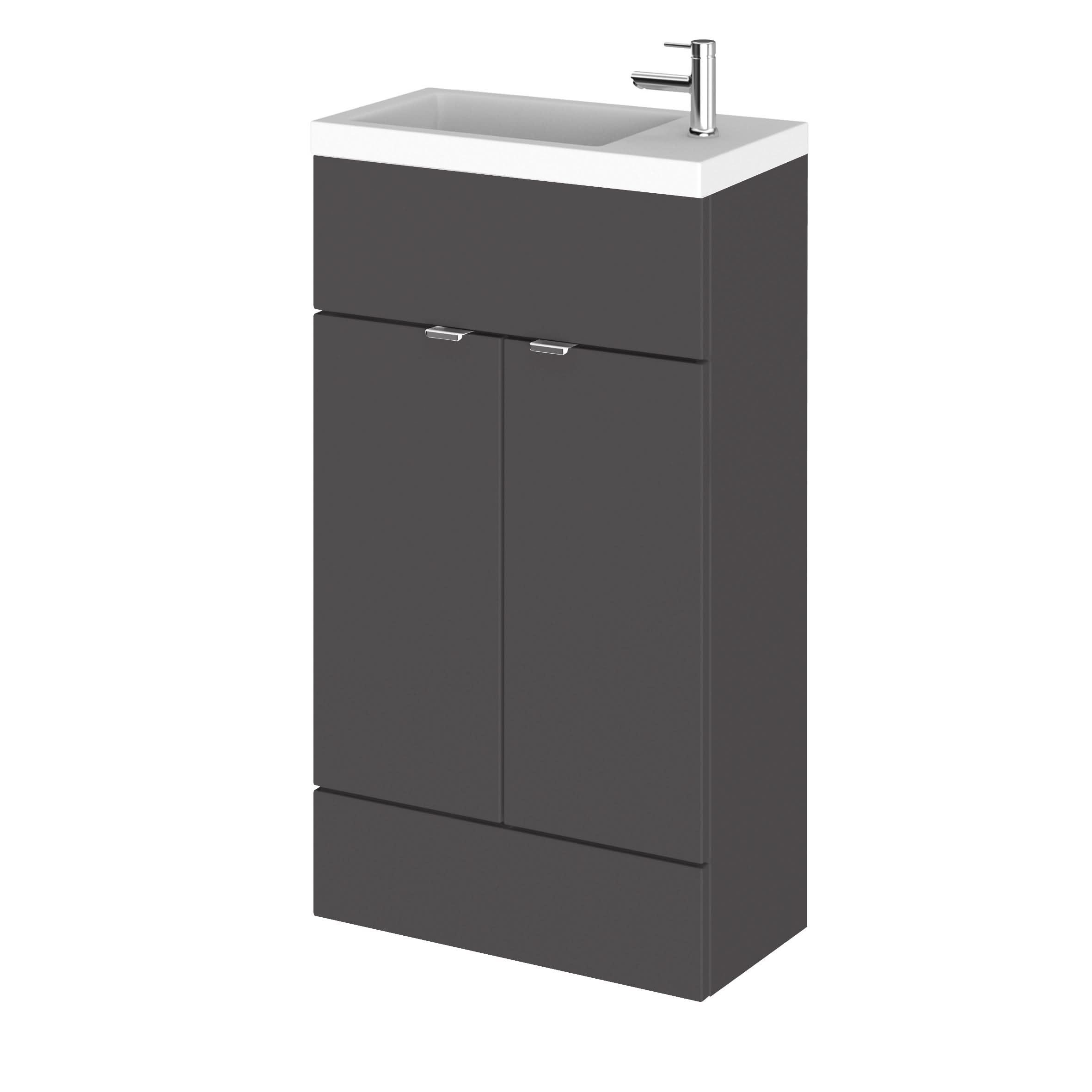 Hudson Reed Fusion Floor Standing 2 Door Vanity Unit & Polymarble Basin Compact, Vanity Unit with Basin, Gloss Grey, 500mm