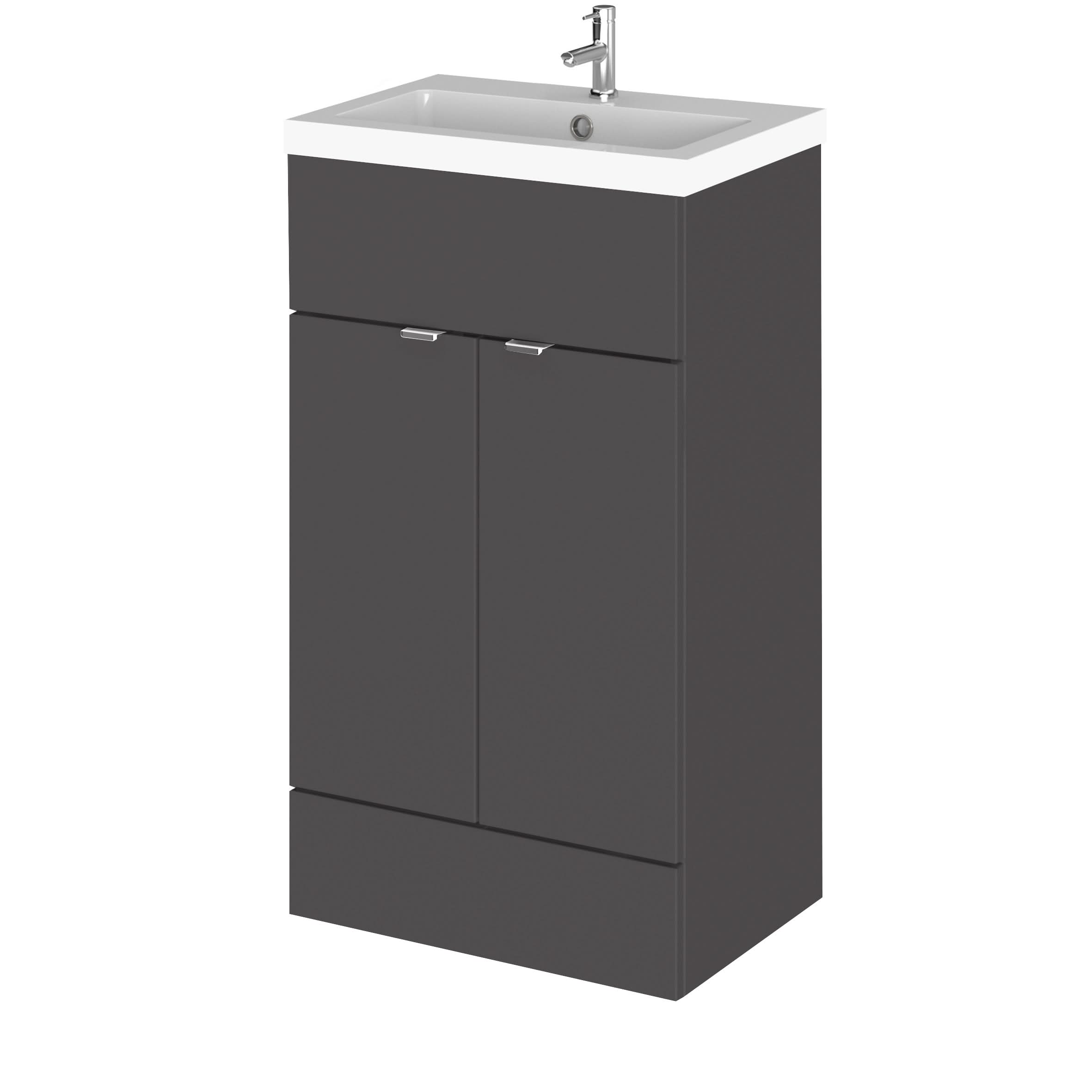 Hudson Reed Fusion Floor Standing 2 Door Vanity Unit & Polymarble Basin, Stylish Vanity Unit with Basin, Gloss Grey, 500mm