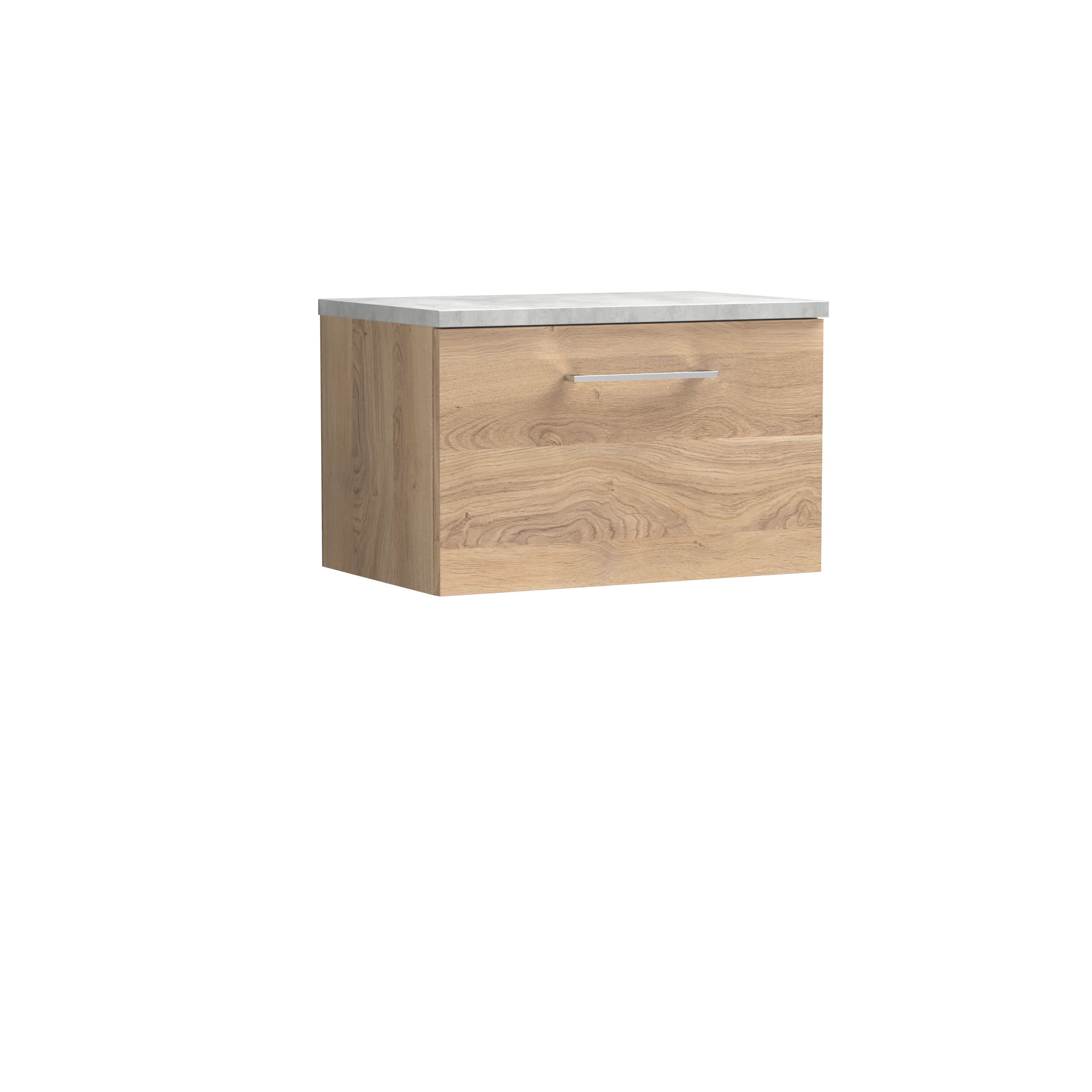 Nuie Arno Wall Hung 1-Drawer Vanity & Bellato Grey Laminate Worktop, Stylish Counter Top Vanity Unit in Bleached Oak, 600mm