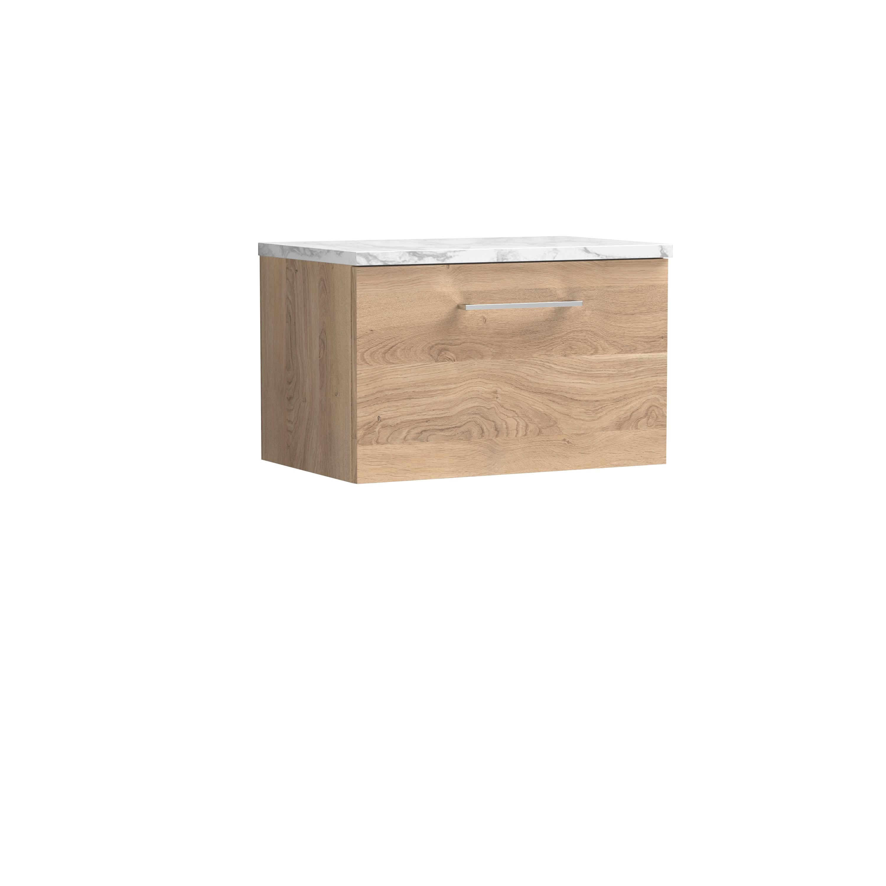 Nuie Arno Wall Hung 1-Drawer Vanity & Carrera Marble Laminate Worktop, Stylish Counter Top Vanity Unit in Bleached Oak, 600mm