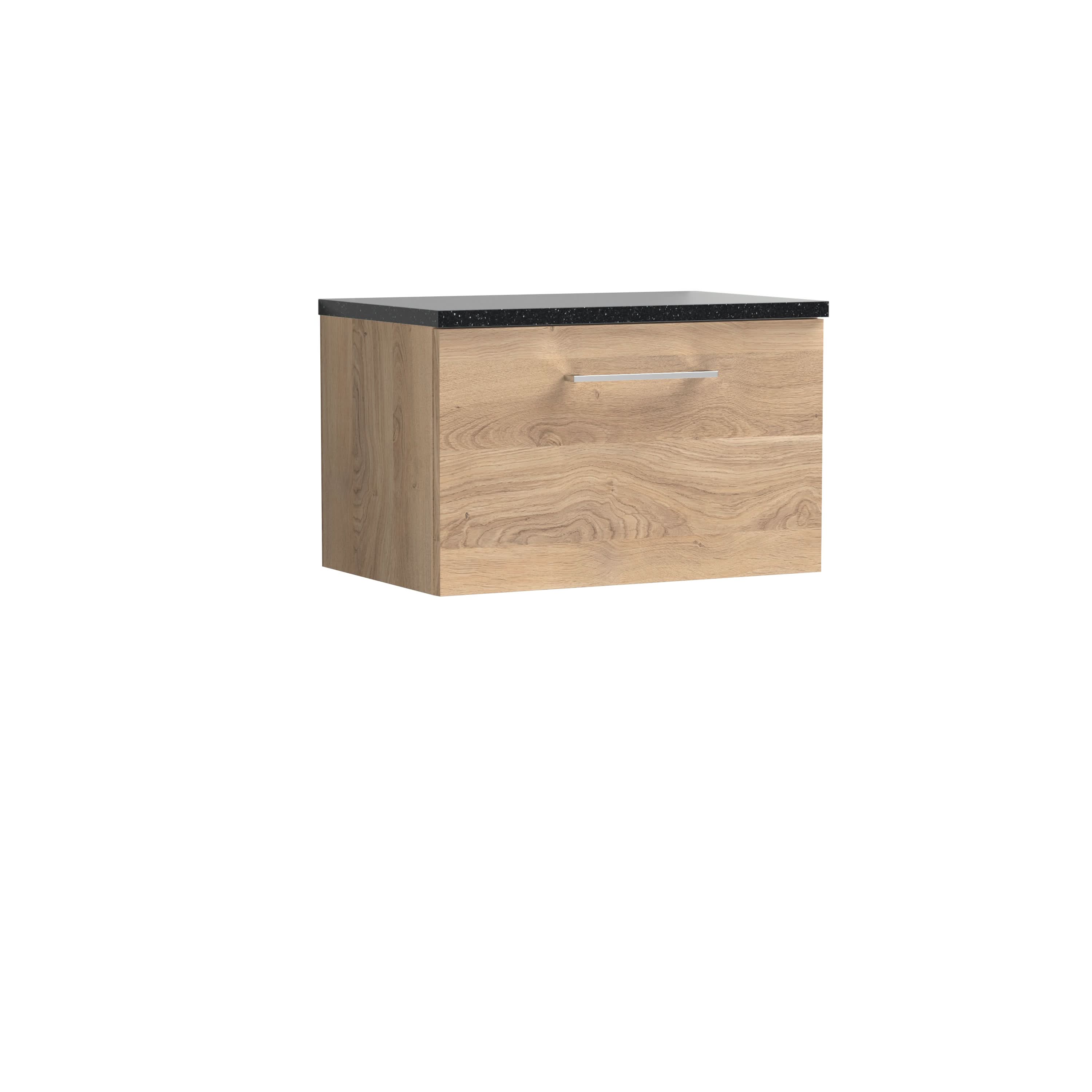Nuie Arno Wall Hung 1-Drawer Vanity & Black Laminate Worktop, Stylish Counter Top Vanity Unit in Bleached Oak, 600mm