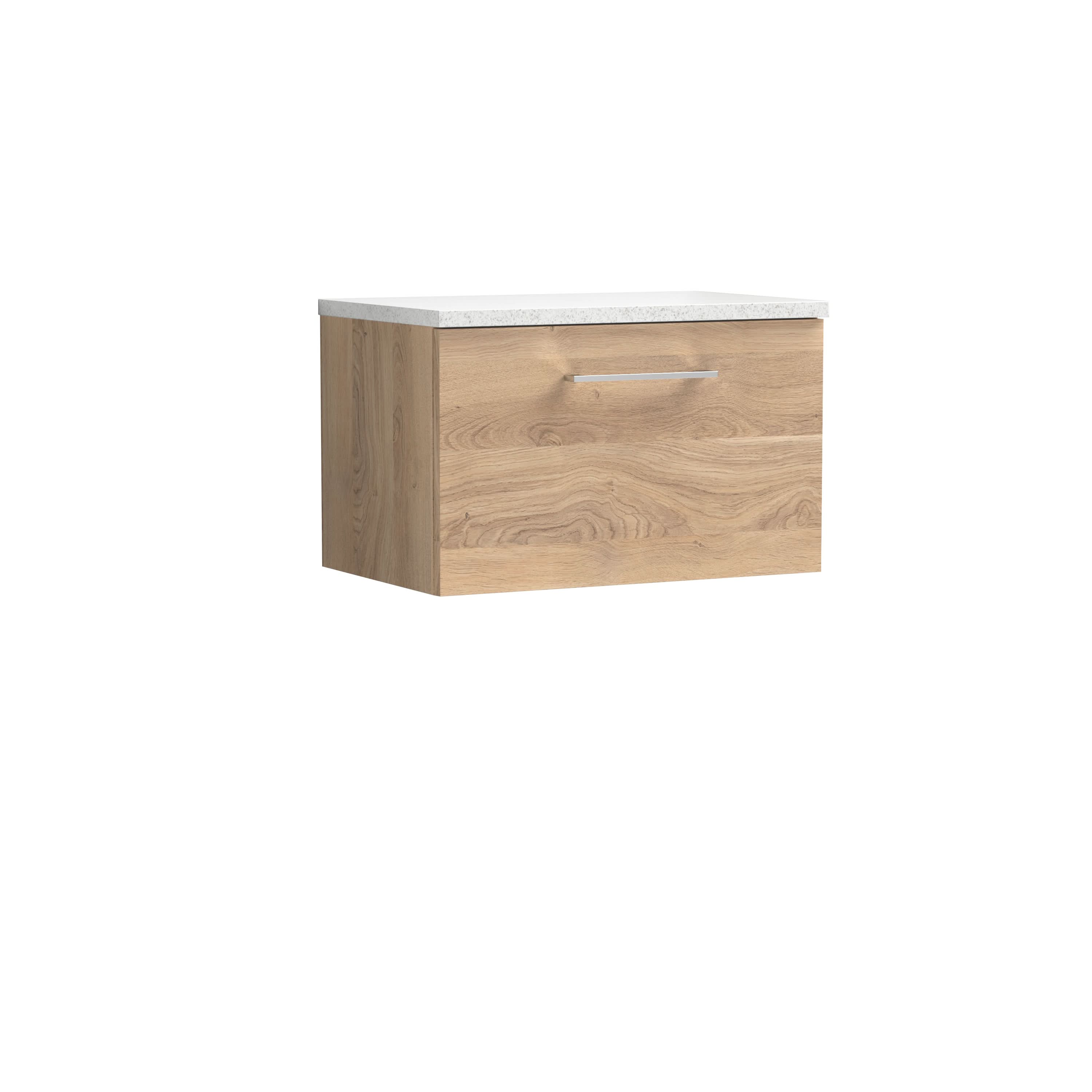 Nuie Arno Wall Hung 1-Drawer Vanity & Sparkling White Laminate Worktop, Stylish Counter Top Vanity Unit in Bleached Oak, 600mm