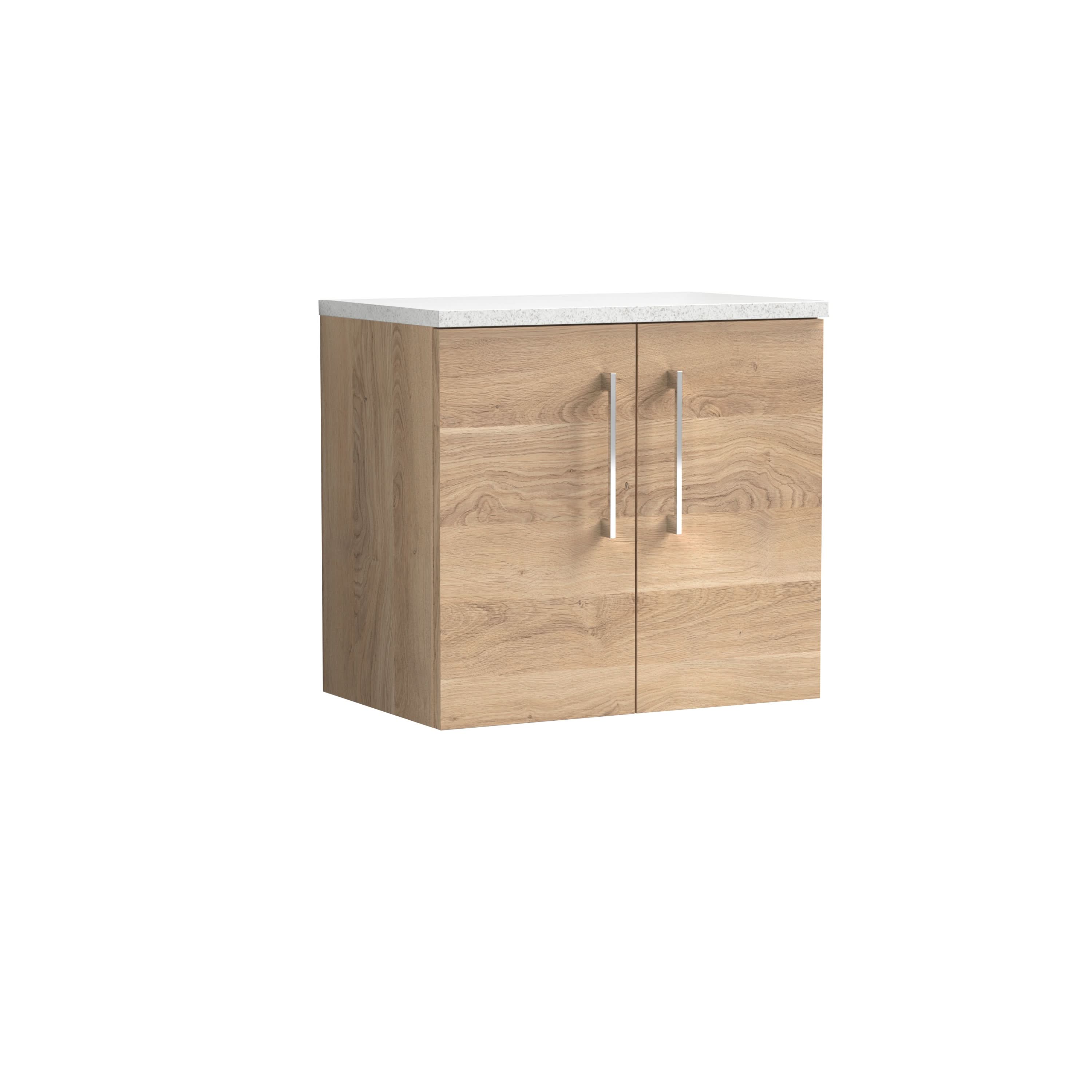 Nuie Arno Wall Hung 2-Door Vanity & Sparkling White Laminate Worktop, Stylish Counter Top Vanity Unit in Bleached Oak, 600mm