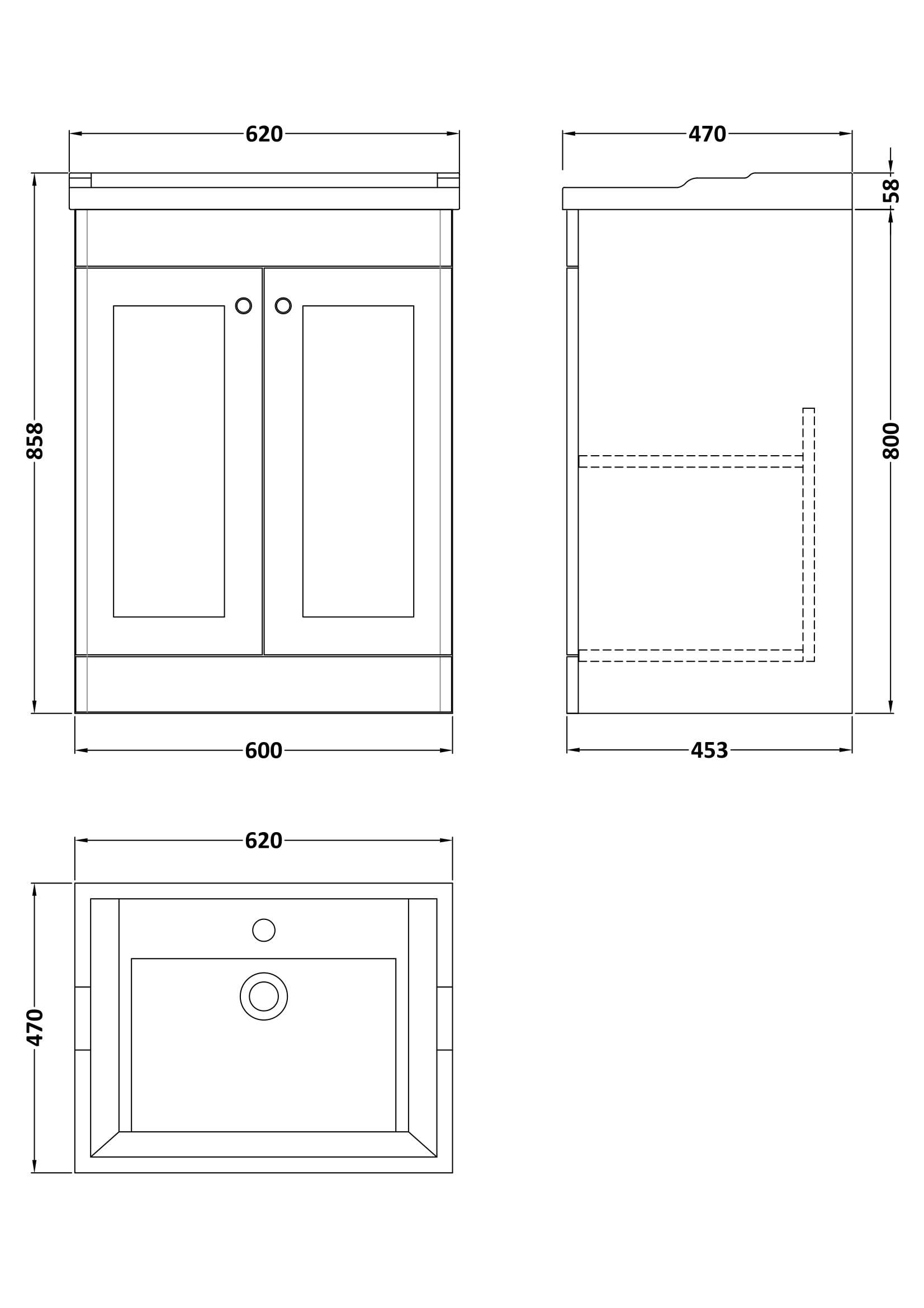 Nuie Classique Floor Standing 2 Door Unit & 1 Tap Hole Fireclay Basin, Elegant Vanity Unit in Satin White, 600mm
