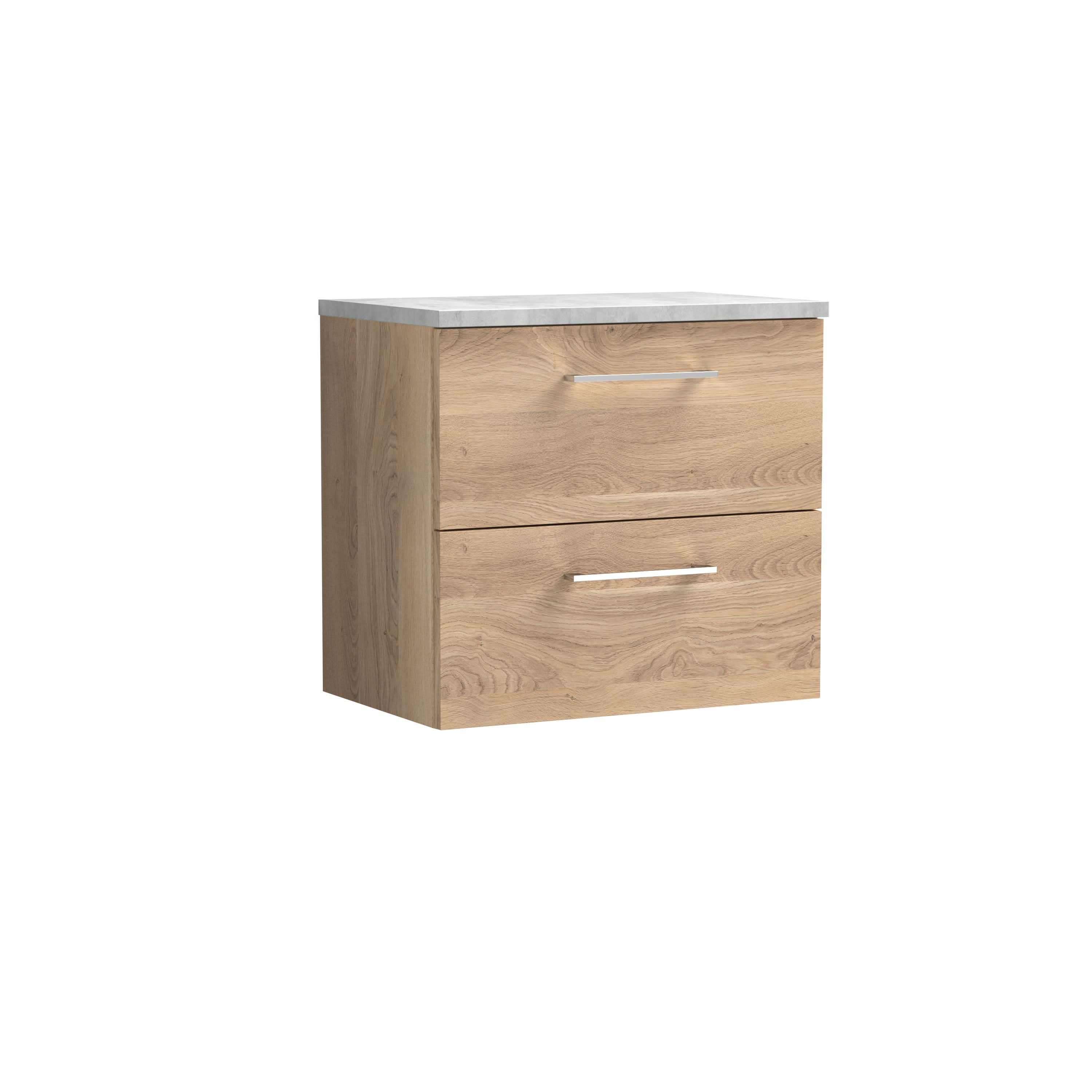 Nuie Arno Wall Hung 2-Drawer Vanity & Bellato Grey Laminate Worktop, Stylish Counter Top Vanity Unit in Bleached Oak, 600mm