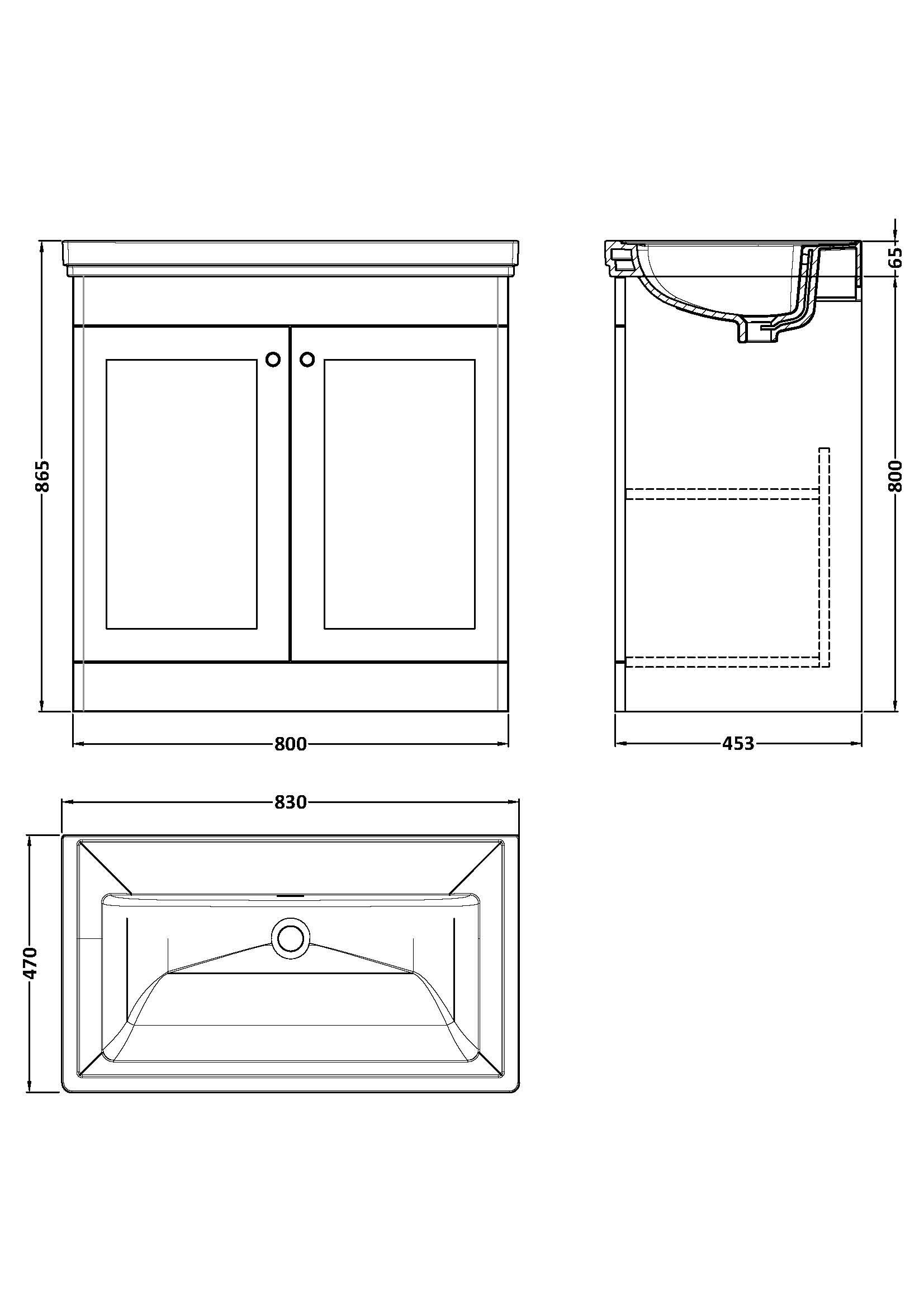 Nuie Classique Floor Standing 2 Door Vanity Unit without Tap Hole Fireclay Basin, Elegant Sink Vanity Unit in Satin White, 800mm
