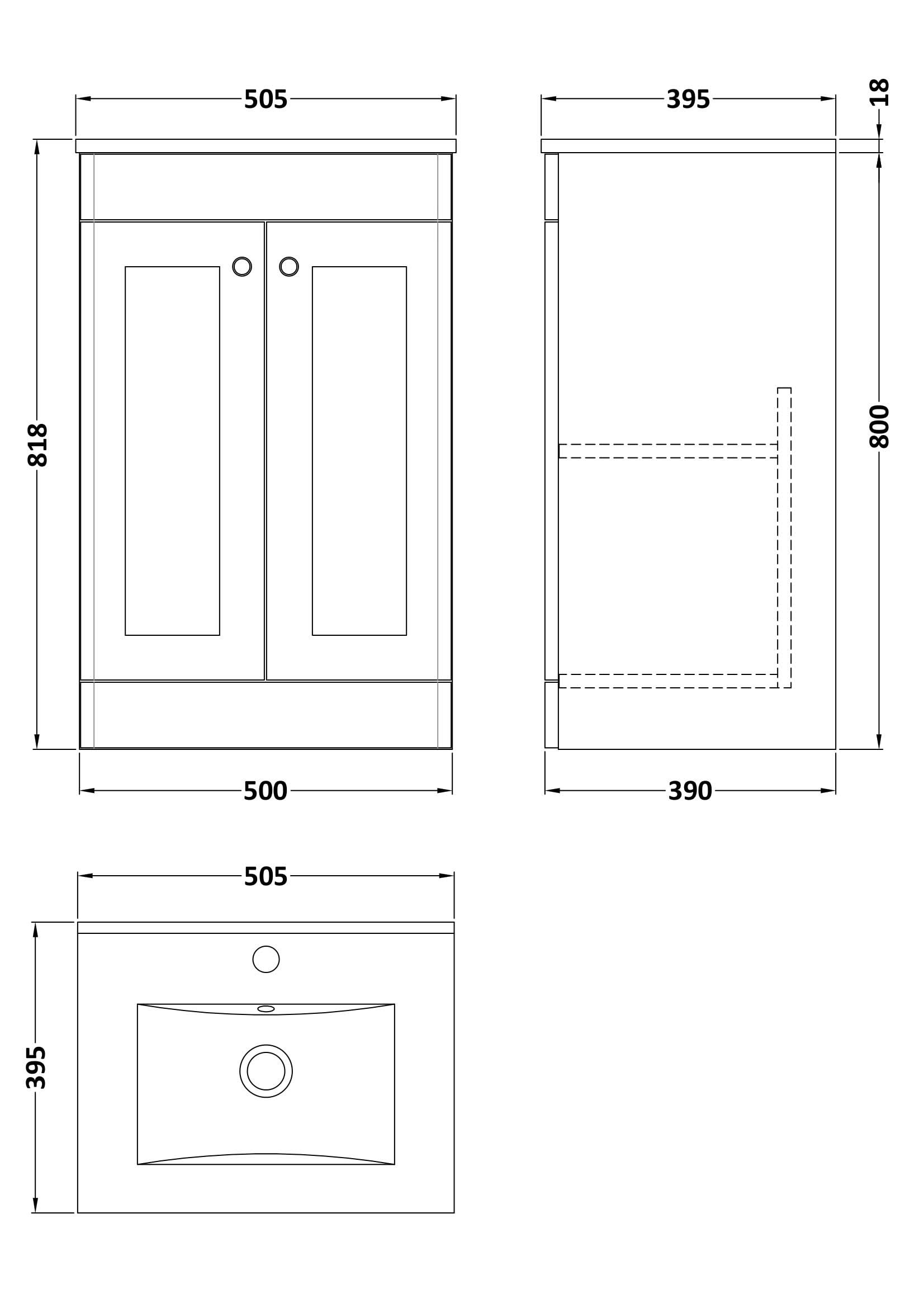 Nuie Classique Floor Standing 2 Door Vanity Unit & Minimalist Ceramic Basin, Sink Vanity Unit in Soft Black with White Basin, 500mm