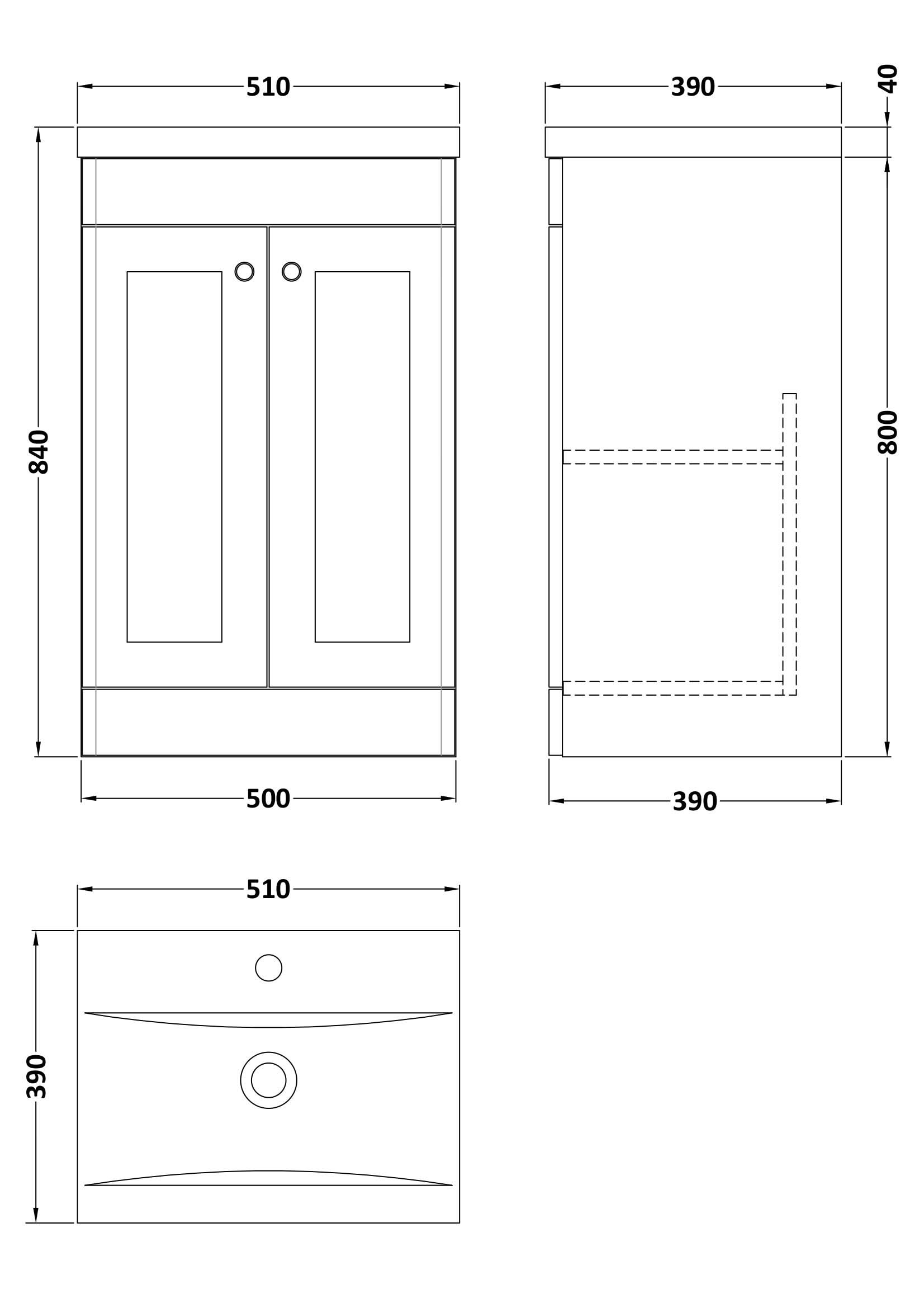 Nuie Classique Floor Standing 2 Door Vanity Unit & Mid-Edge Ceramic Basin, Sink Vanity Unit in Soft Black with White Basin, 500mm