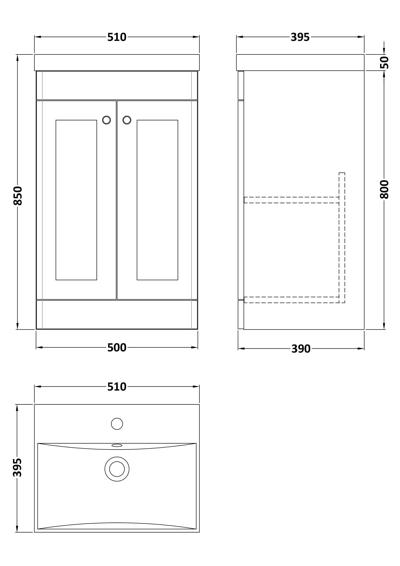 Nuie Classique Floor Standing 2 Door Vanity Unit & Thin-Edge Ceramic Basin, Sink Vanity Unit in Soft Black with White Basin, 500mm
