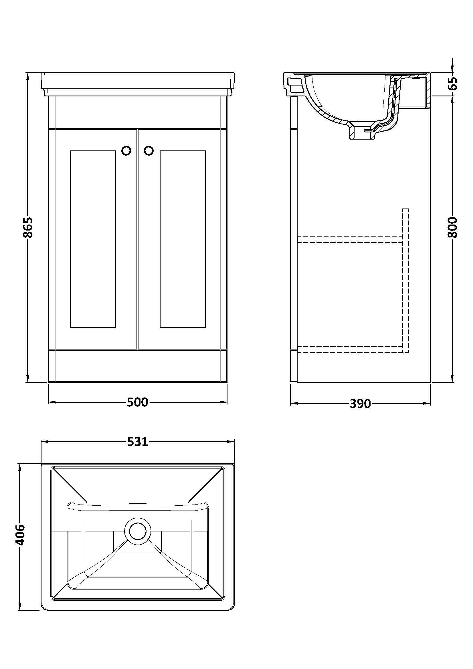 Nuie Classique Floor Standing 2 Door Unit & Without Tap Hole Fireclay Basin, Sink Vanity Unit in Soft Black with White Basin, 500mm