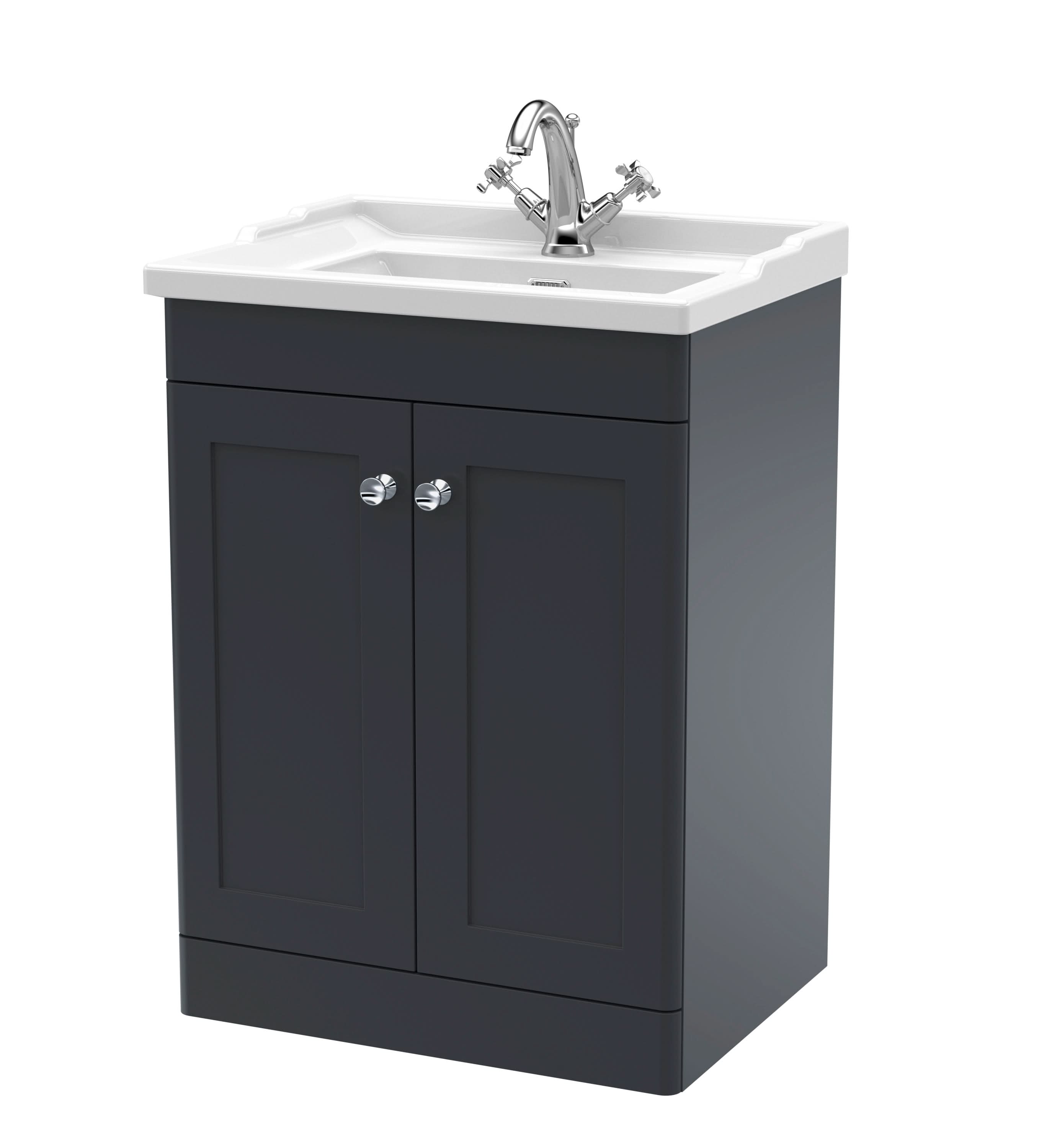 Nuie Classique Floor Standing 2 Door Unit & 1 Tap Hole Fireclay Basin, Soft Black Sink Vanity Unit in Soft Black with White Basin, 600mm