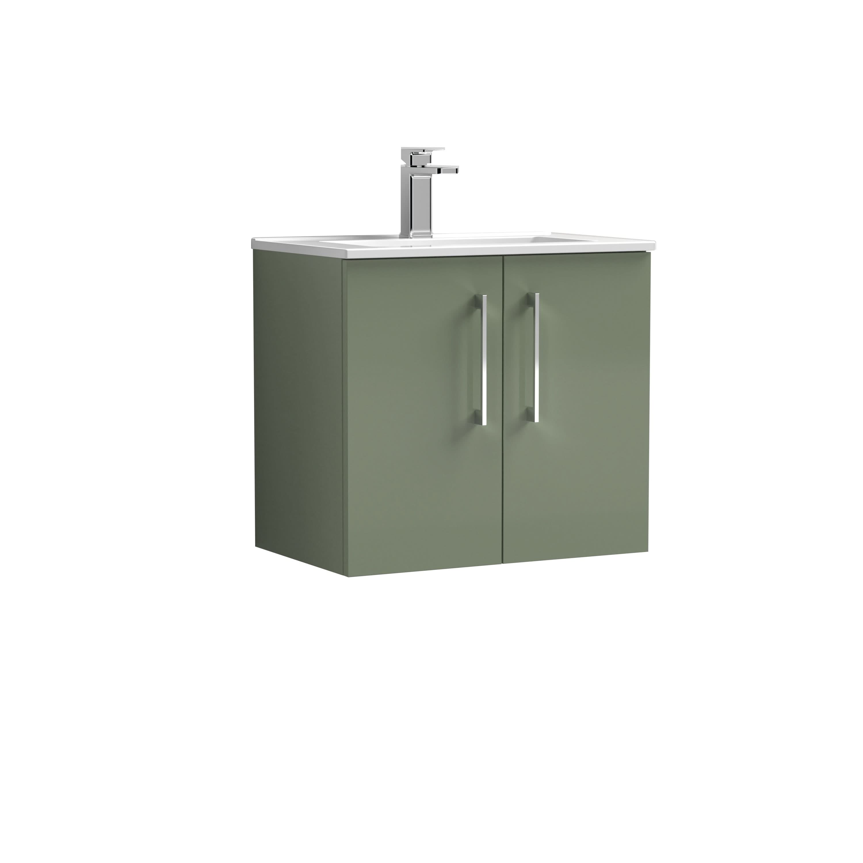 The Nuie Arno 2 Door Wall Hung Vanity Unit with Basin-2 (600mm wide) features two sage green doors, silver handles, a white countertop, chrome faucet, and a sleek basin—perfect for a modern bathroom.