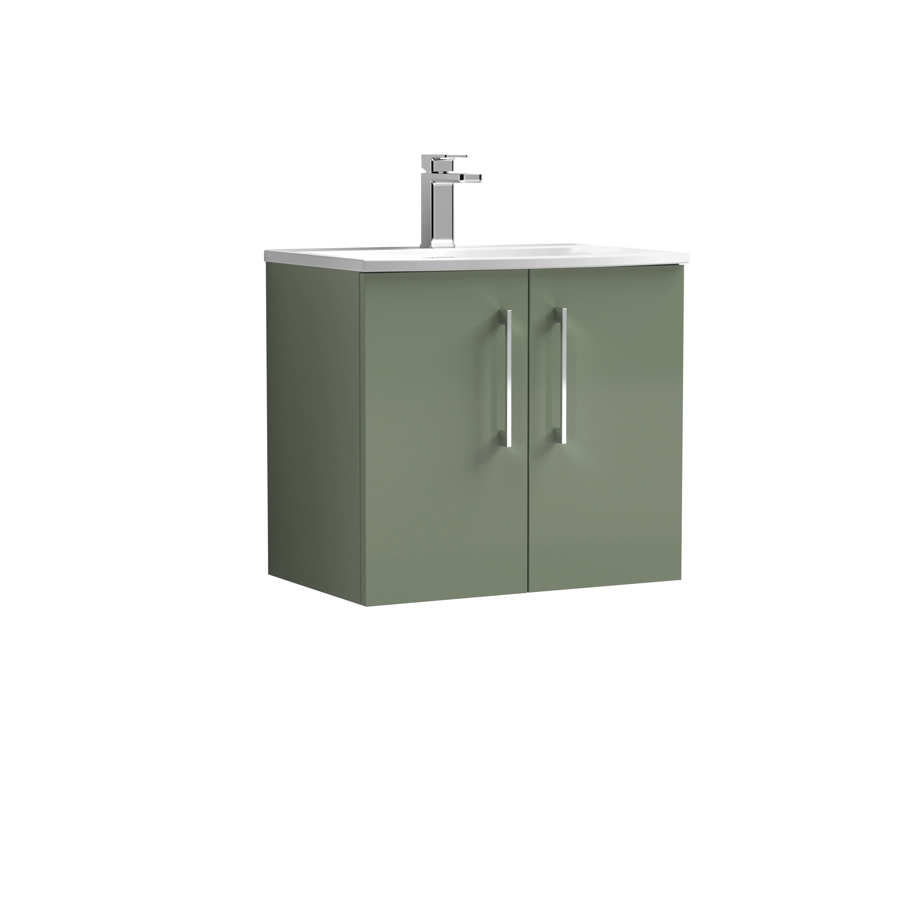 The Nuie Arno 2 Door Wall Hung Vanity Unit With Basin-4, 600mm wide, by Nuie, features olive green doors with silver handles, a white countertop basin, and a modern wall-hung design.