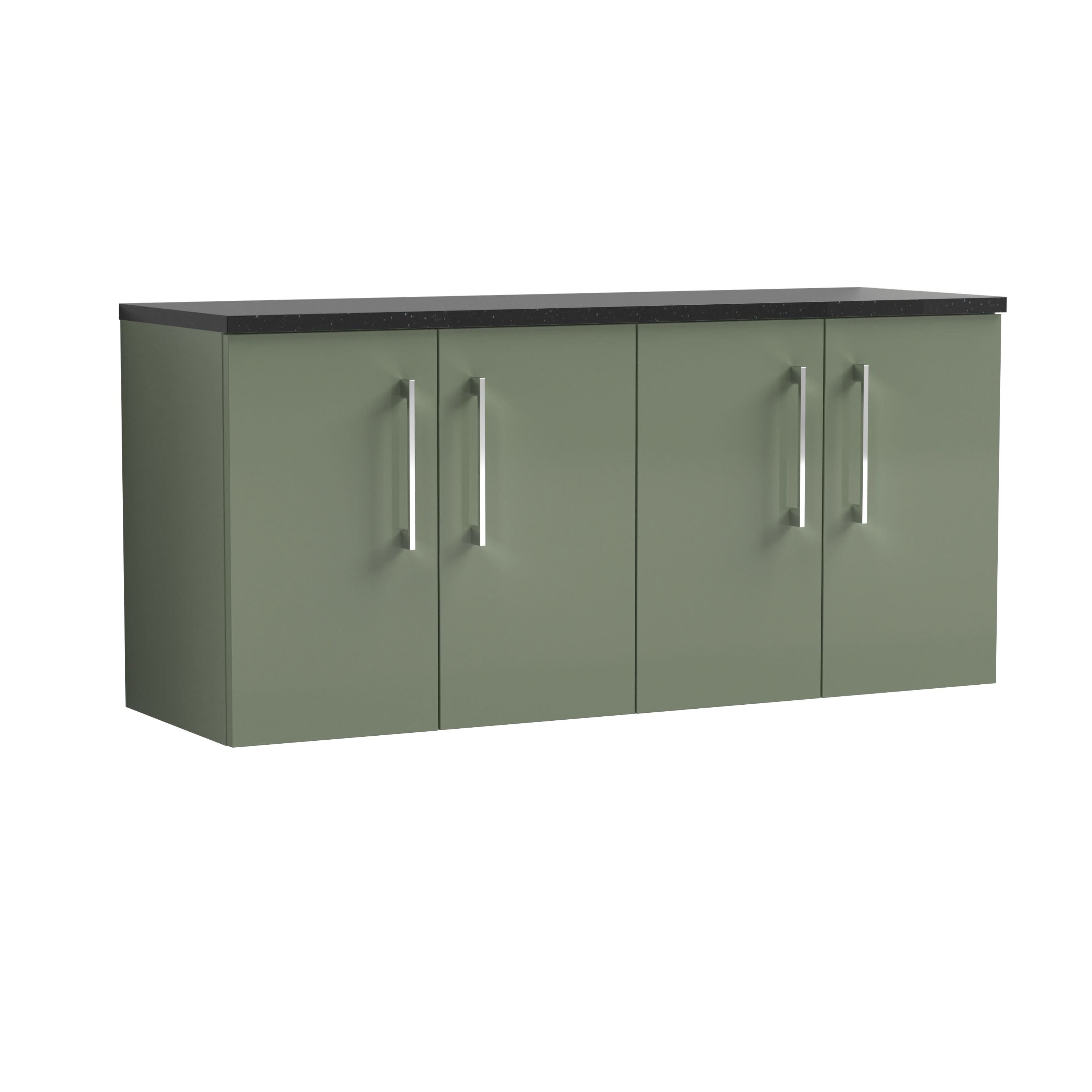 Nuie Arno Wall Hung 4-Door Vanity Unit with Laminate Worktop in Black Sparkle, Premium Counter Top Vanity Unit in Satin Green, 1200mm