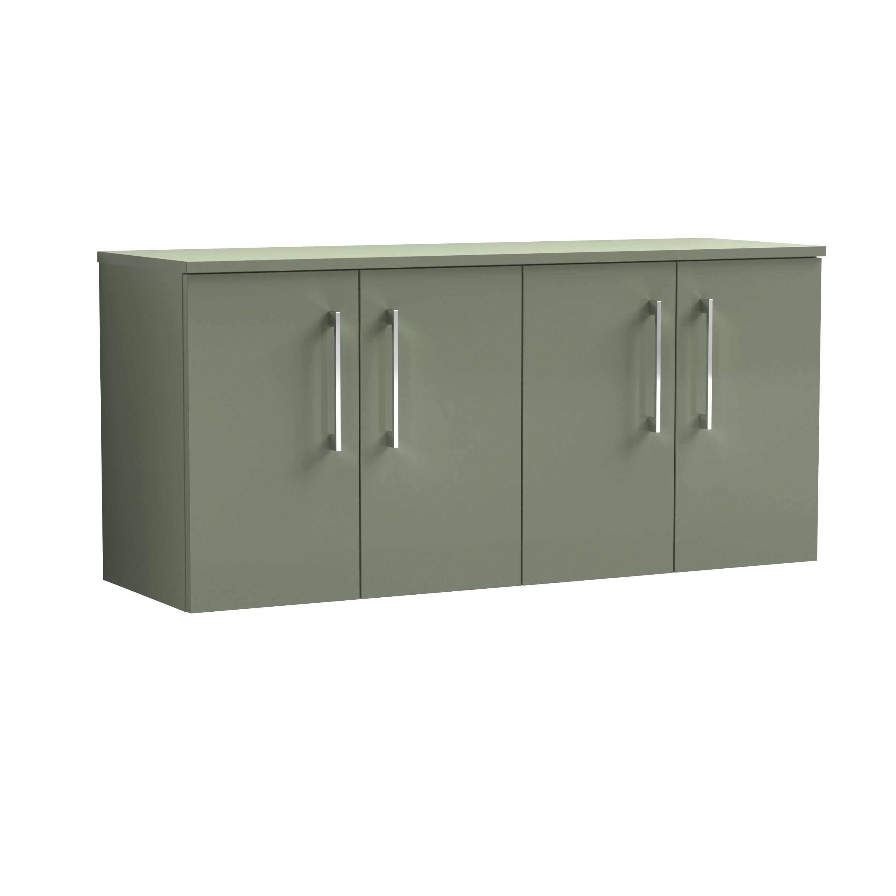 The Nuie Arno 4 Door Wall Hung Vanity Unit With Worktop, 1200mm wide, features a rectangular design in light green with sleek silver handles, shown against a plain white background.