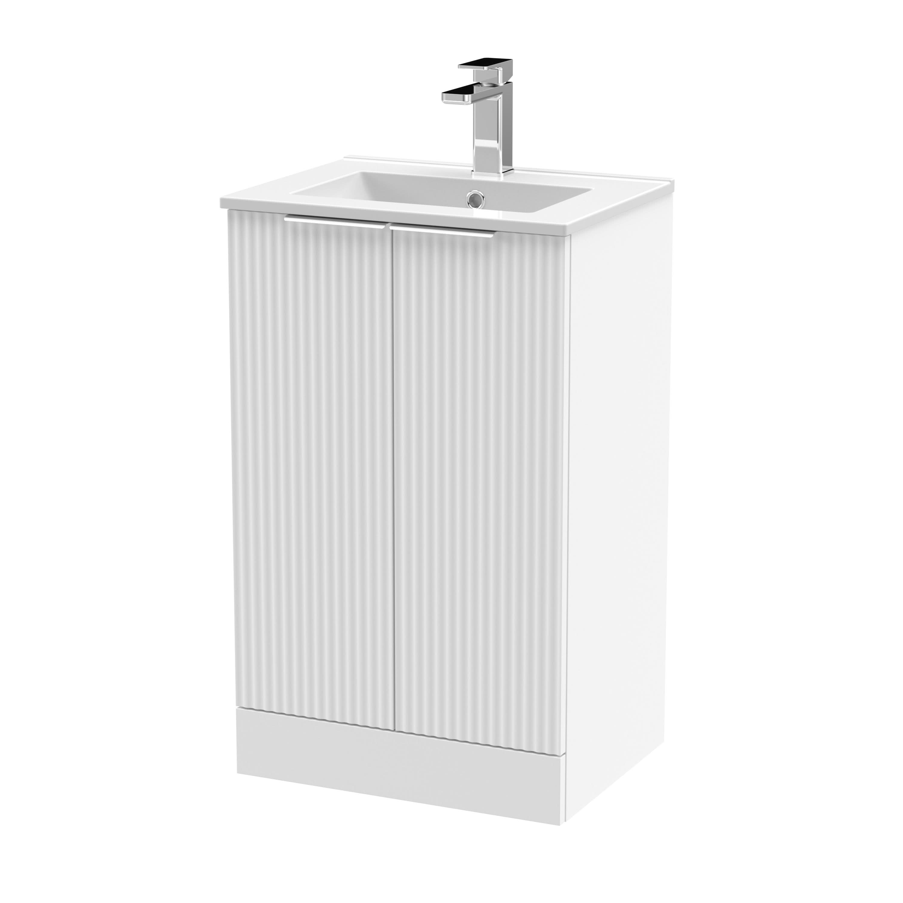 Hudson Reed Fluted Floor Standing 2-Door Vanity and Minimalist Basin, Contemporary Sink Vanity Unit, Satin White, 500mm