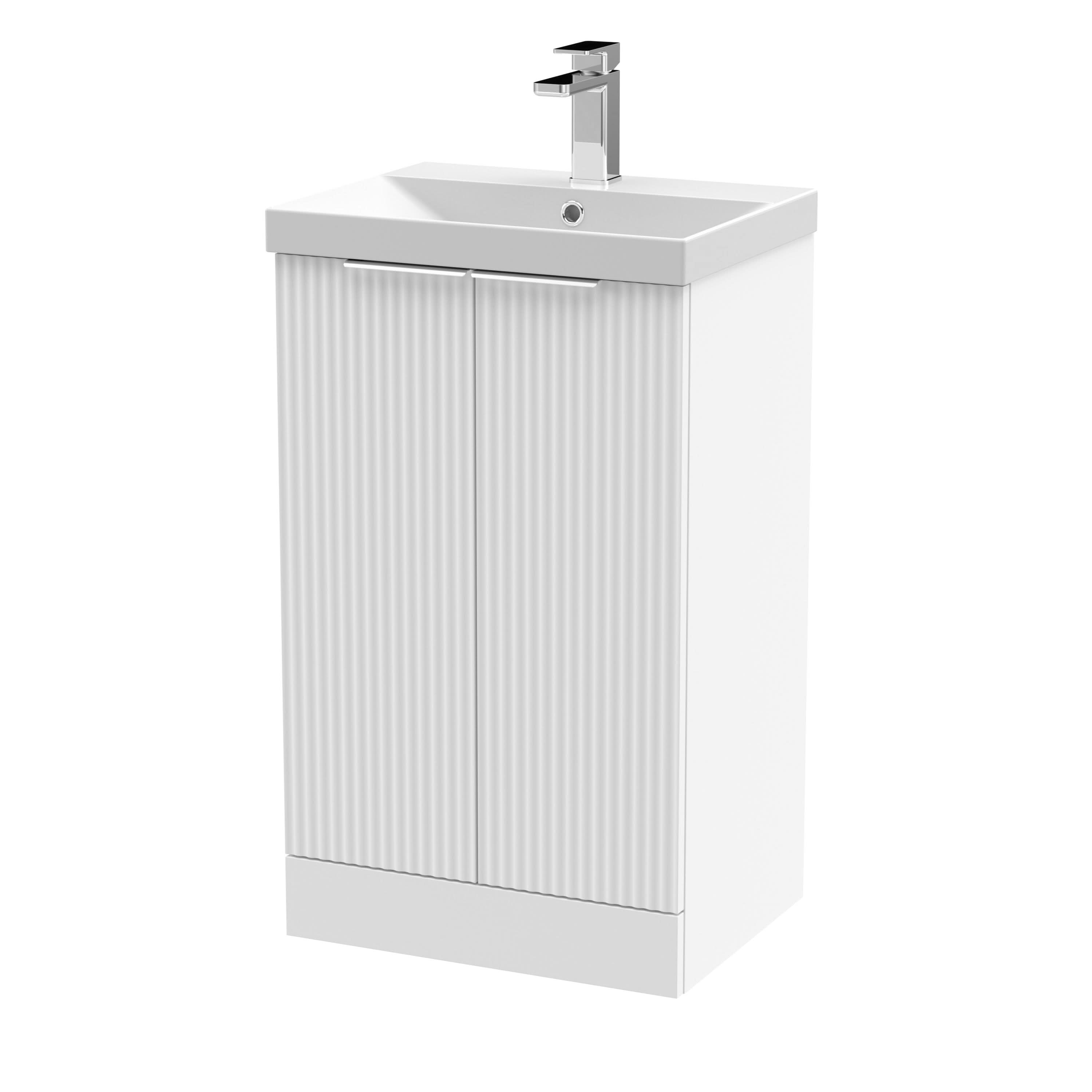Hudson Reed Fluted Floor Standing 2-Door Vanity and Thin-Edge Basin, Contemporary Sink Vanity Unit, Satin White, 500mm