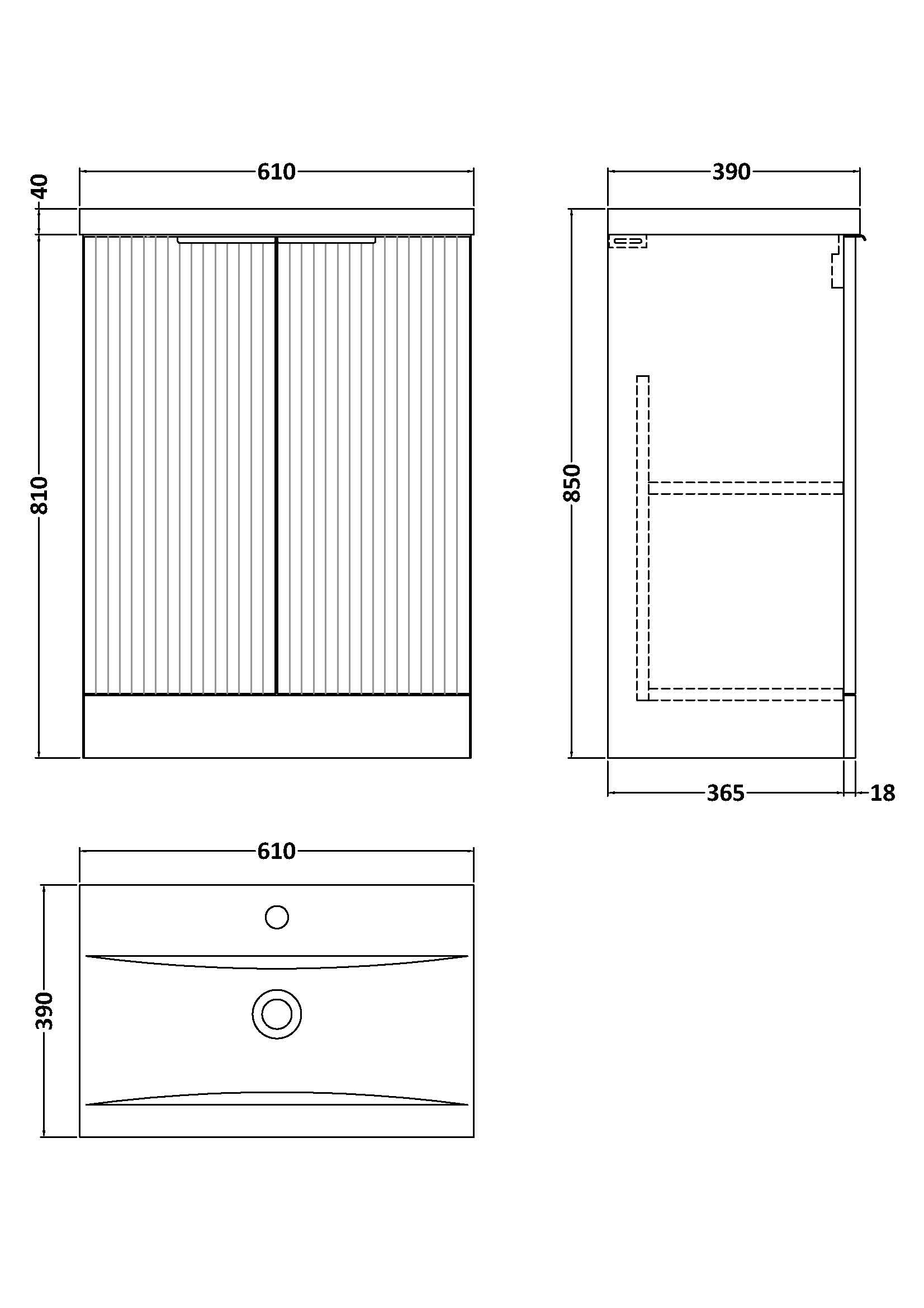 Hudson Reed Fluted Floor Standing 2-Door Vanity and Mid-Edge Basin, Contemporary Sink Vanity Unit, Satin White, 600mm