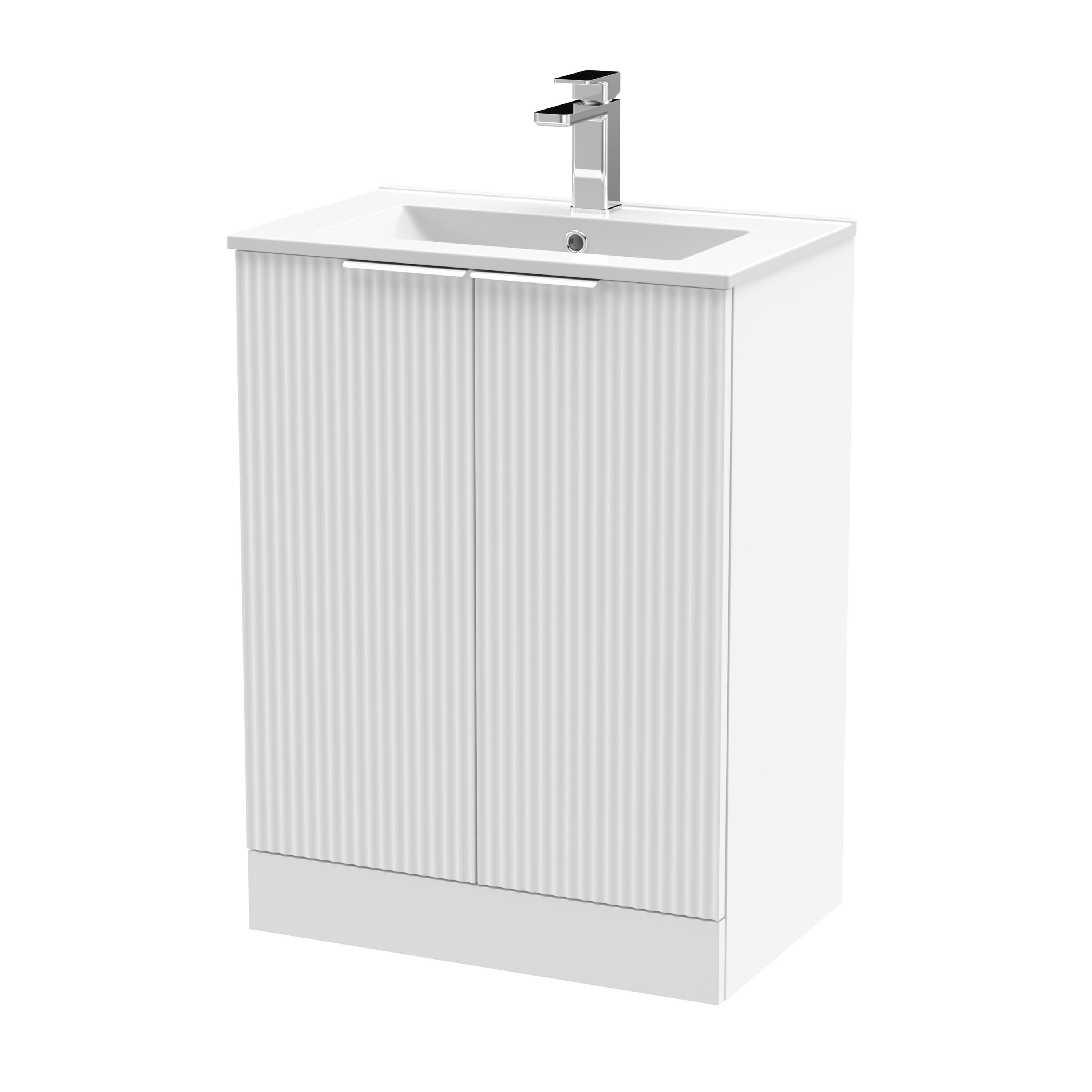 Hudson Reed Fluted Floor Standing 2-Door Vanity and Minimalist Basin, Contemporary Sink Vanity Unit, Satin White, 600mm