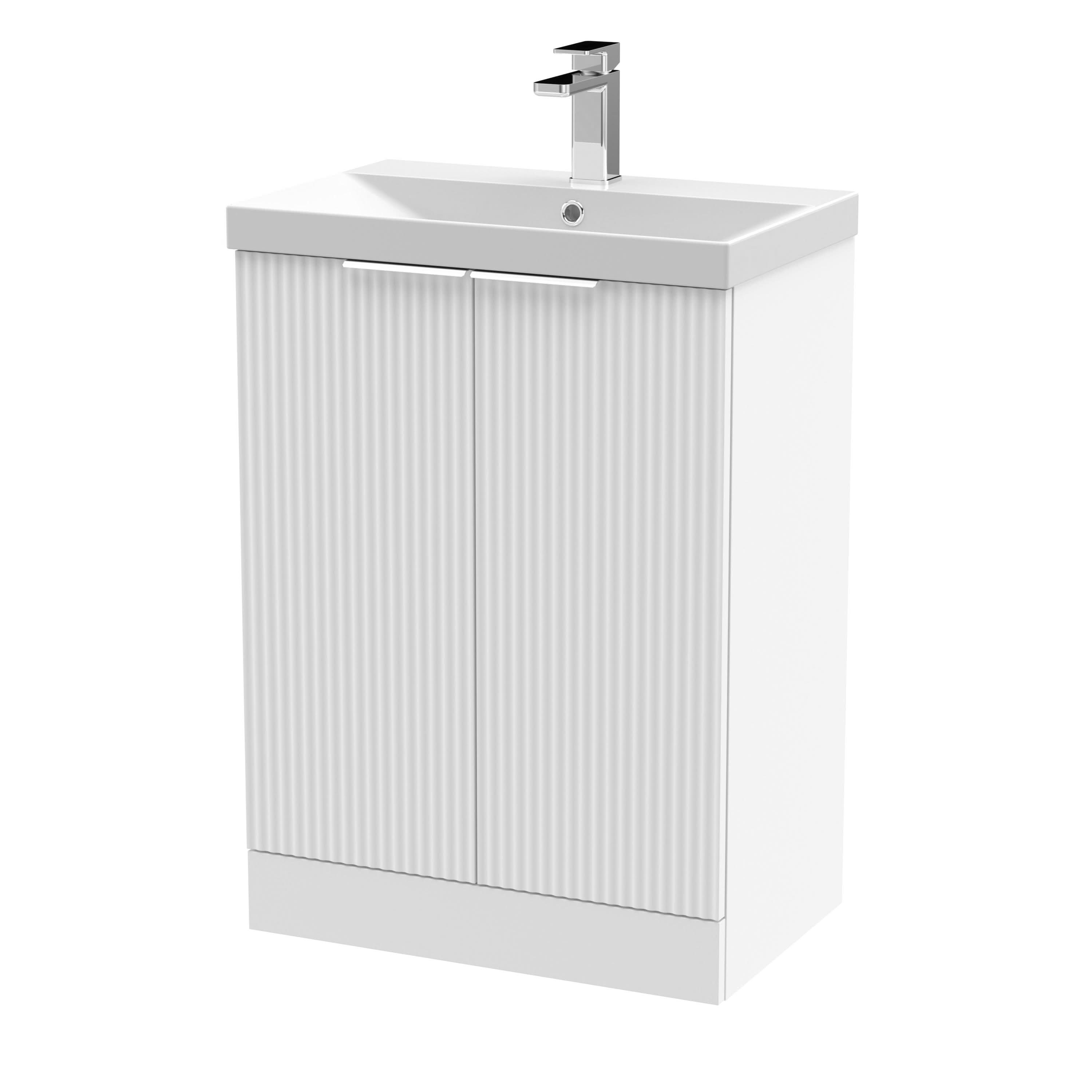 Hudson Reed Fluted Floor Standing 2-Door Vanity and Thin-Edge Basin, Contemporary Sink Vanity Unit, Satin White, 600mm