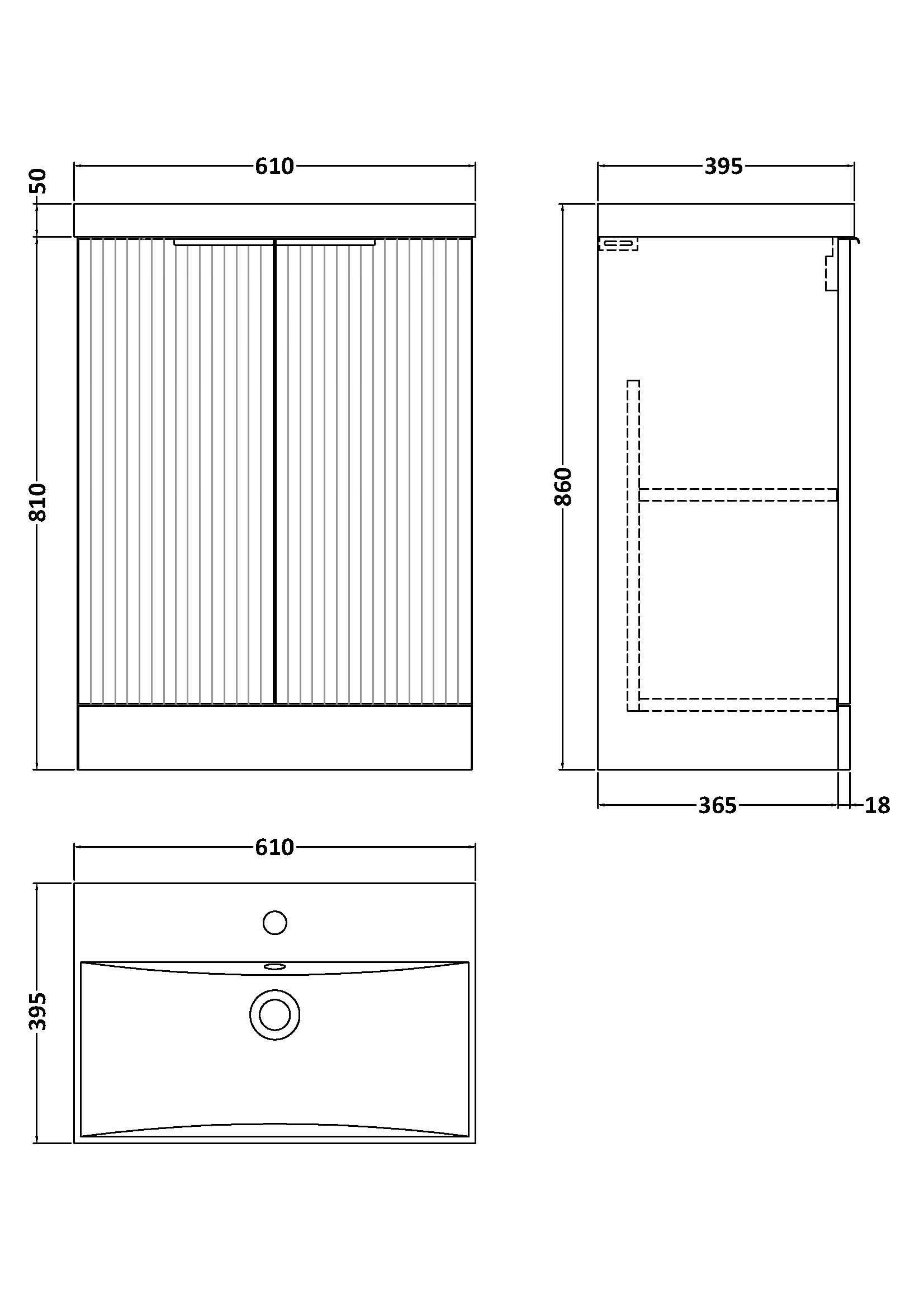 Hudson Reed Fluted Floor Standing 2-Door Vanity and Thin-Edge Basin, Contemporary Sink Vanity Unit, Satin White, 600mm