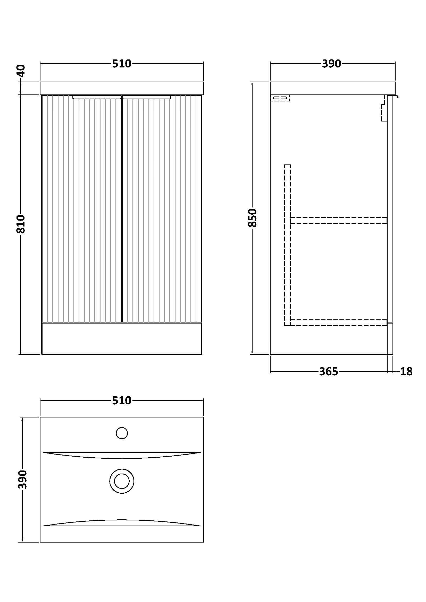 Hudson Reed Fluted Floor Standing 2-Door Vanity and Mid-Edge Basin, Contemporary Sink Vanity Unit, Soft Black, 500mm