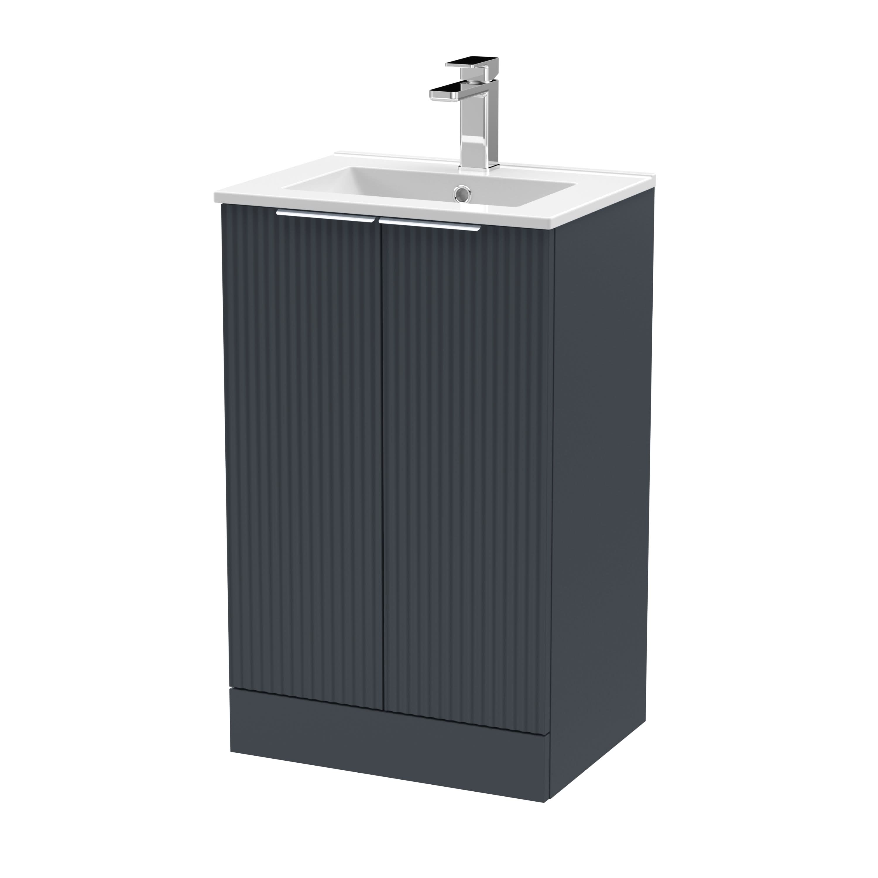 Hudson Reed Fluted Floor Standing 2-Door Vanity and Minimalist Basin, Contemporary Sink Vanity Unit, Soft Black, 500mm