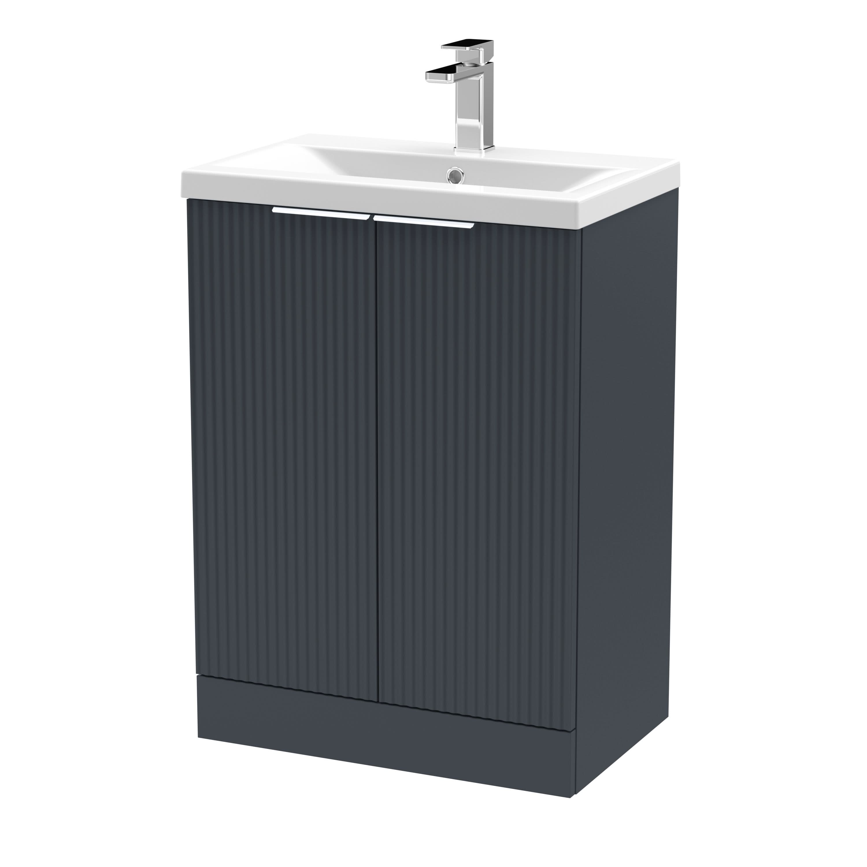 Hudson Reed Fluted Floor Standing 2-Door Vanity and Mid-Edge Basin, Contemporary Sink Vanity Unit, Soft Black, 600mm