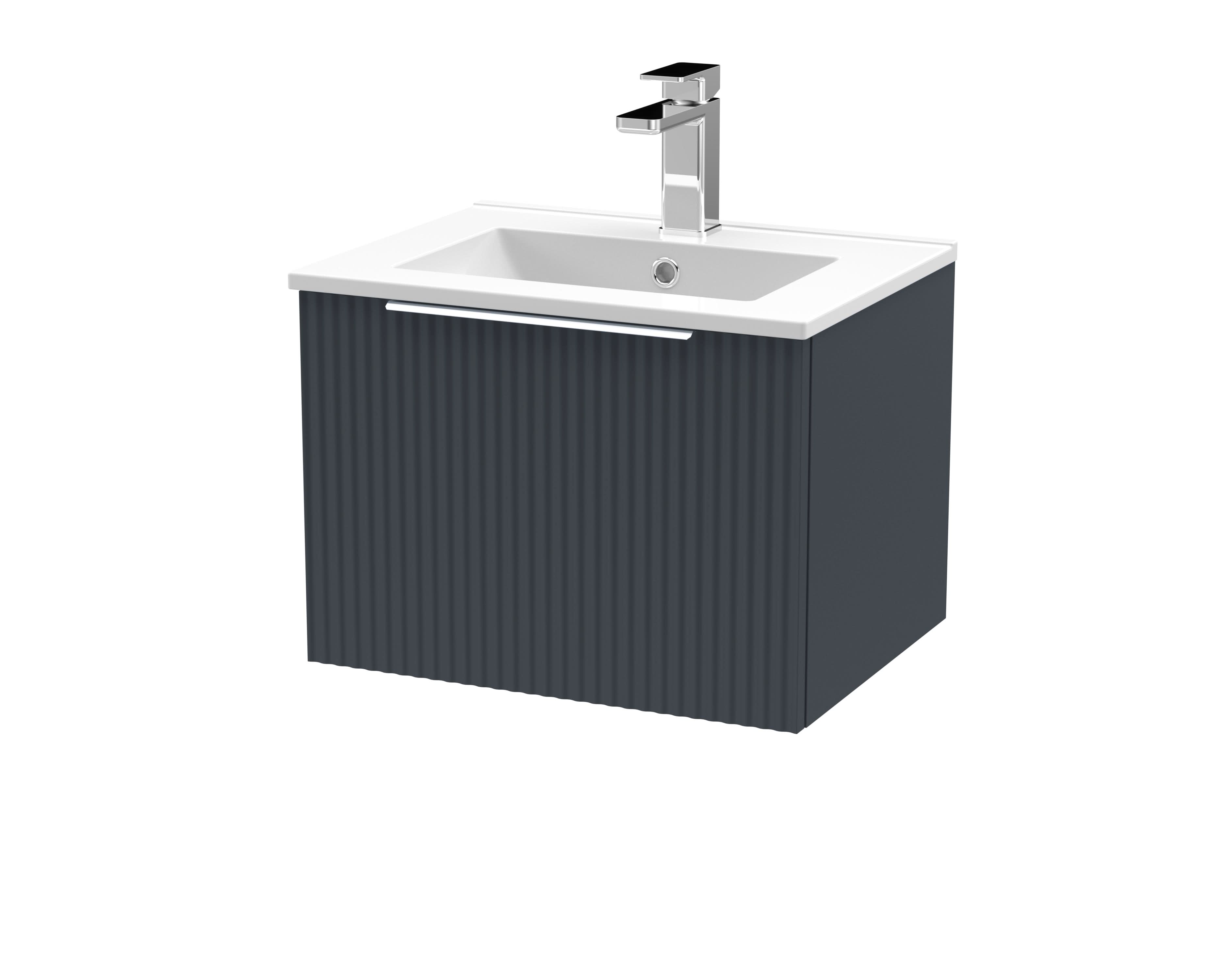 Hudson Reed Fluted Wall Hung 1-Drawer Vanity and Minimalist Basin, Contemporary Sink Vanity Unit, Soft Black, 500mm