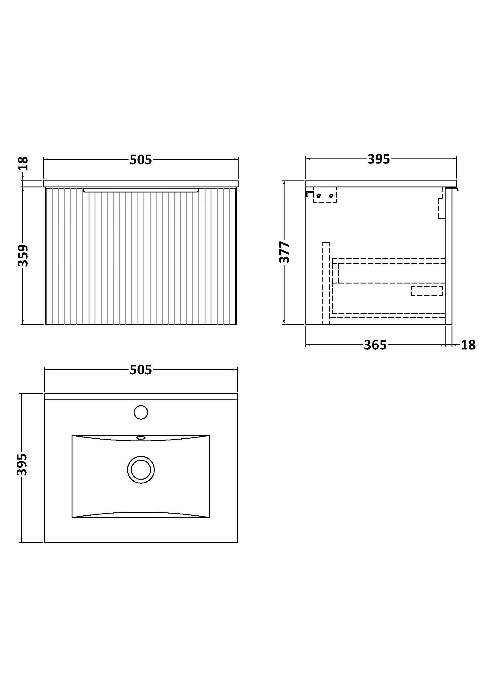 Hudson Reed Fluted Wall Hung 1-Drawer Vanity and Minimalist Basin, Contemporary Sink Vanity Unit, Soft Black, 500mm