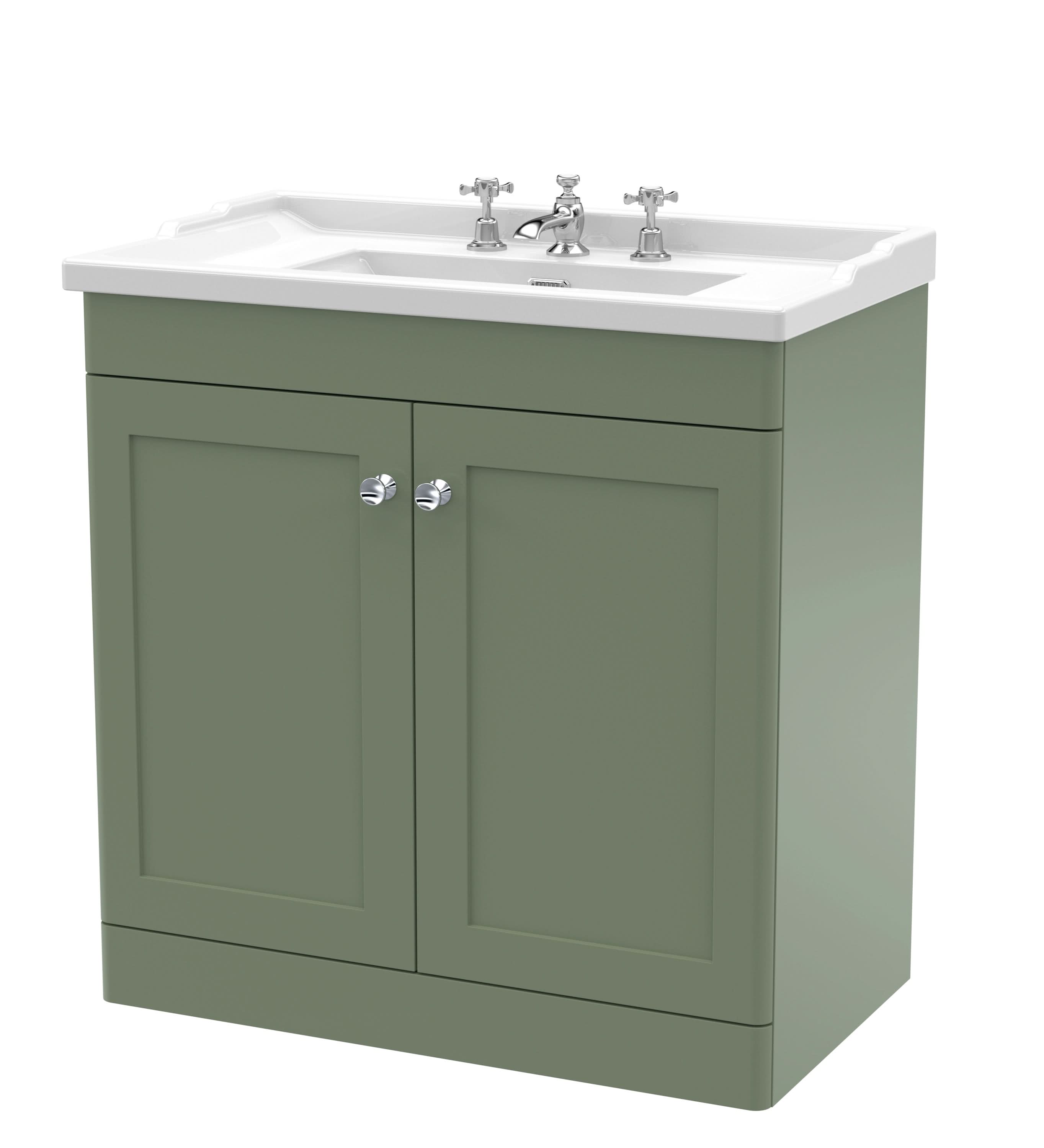 Nuie Classique Floor Standing 2 Door Vanity Unit & 3 Tap Hole Fireclay Basin, Contemporary Sink Vanity Unit in Satin Green with White Basin, 800mm