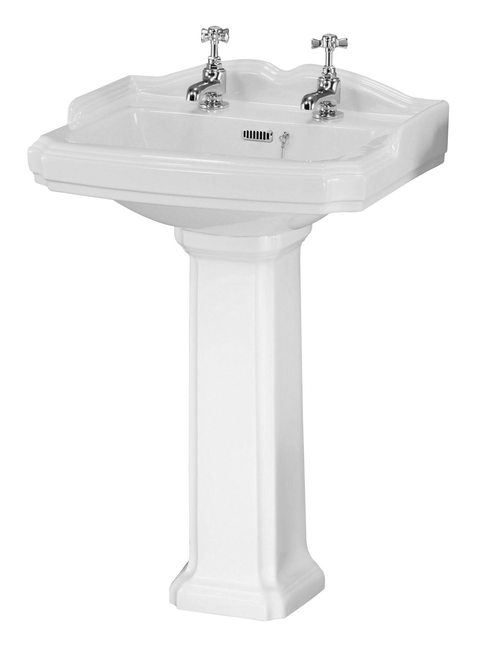 The Nuie Legend 590mm Full Pedestal Basin - 2 TH in white by Nuie features a classic vintage design with two tap holes, providing an elegant and timeless upgrade to any bathroom.