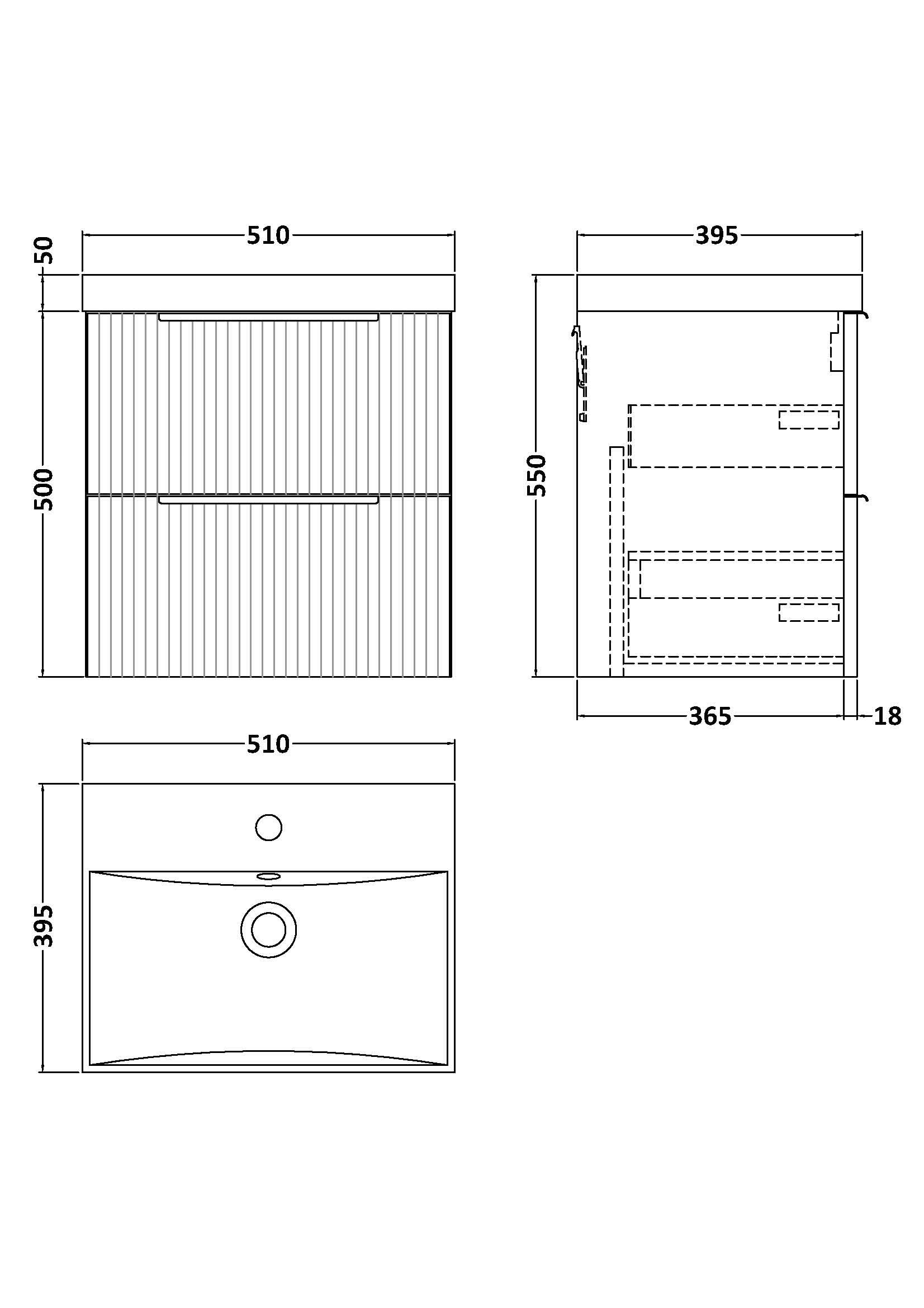 Hudson Reed Fluted Wall Hung 2-Drawer Vanity and Thin-Edge Basin, Contemporary Sink Vanity Unit, Soft Black, 500mm
