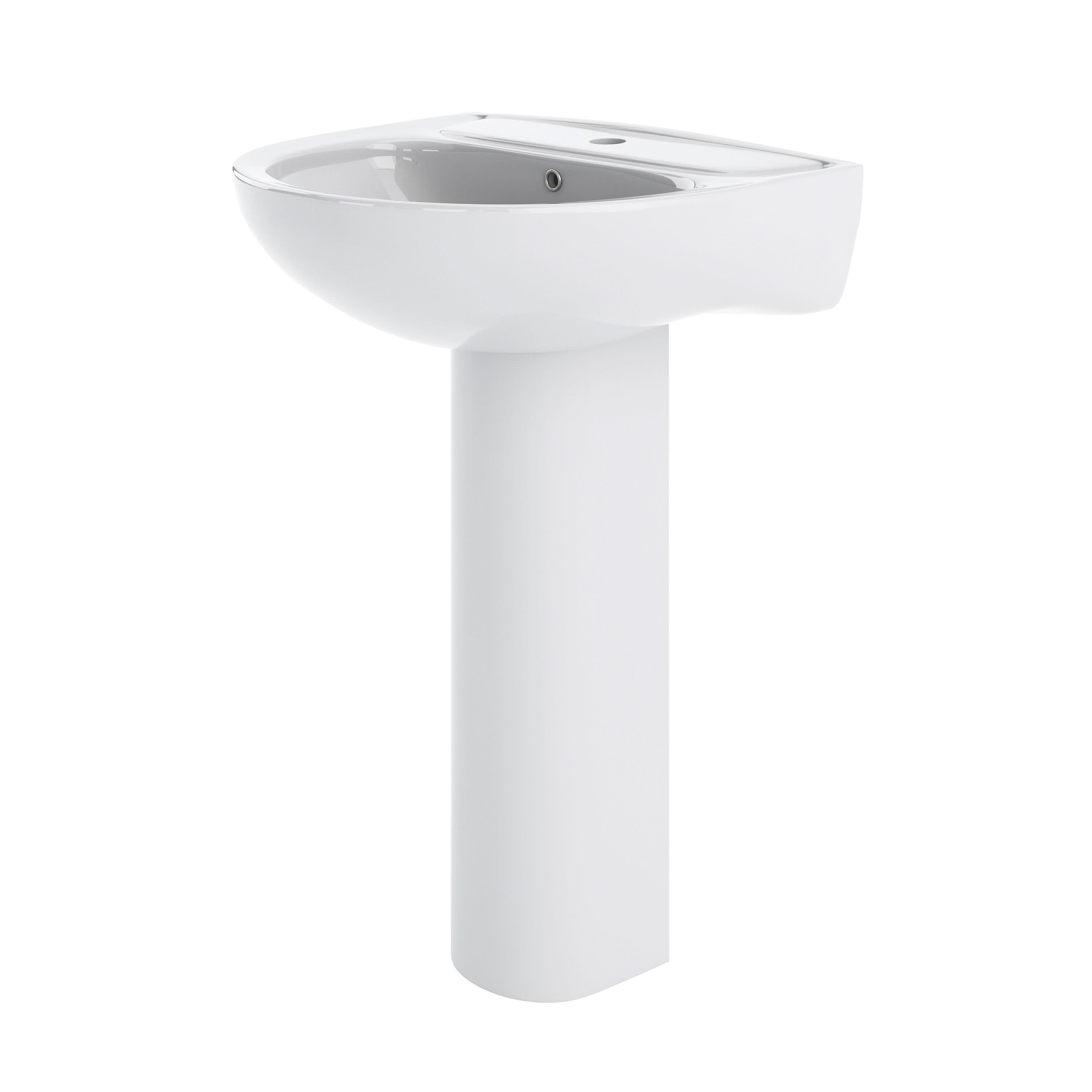 The Nuie Lawton 550mm Basin With Full Pedestal – 1 TH in white by Nuie features a rectangular ceramic bowl and a single tap hole, shown on a plain white background.